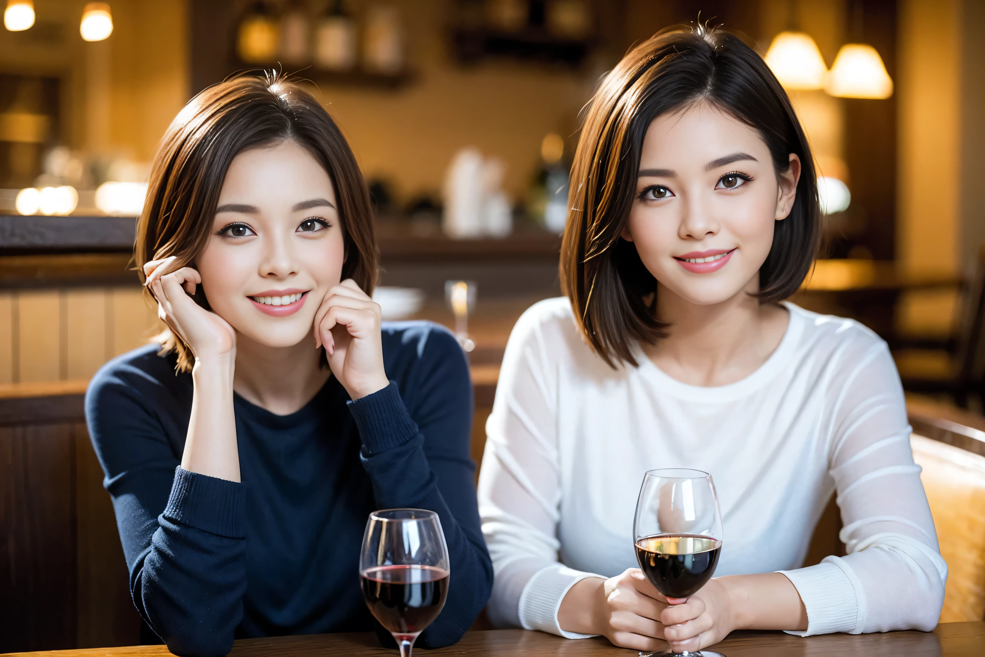 ((highest quality、8k、masterpiece:1.3))、beauty、1 male1 female、Couple、Spouse、half、The body is slim、((Bob Hale、Straight hair:1.2)), (Realistic, Intricate details:1.2), Wine glass on the table、Shine light on your face、 Amazing view of the sunset sky and clouds、A bright smile、The wonderfulness of smile、Bright image、The beauty of wine, Beautiful Face, blue eyes, The light shines on your face, Blushing, short hair,Bright Face、 (Age 45), 39 years old, red wine 、Appetizers、Italian food、Wine bottle、Champagne、sparkling wine、Two beauties、Brown Hair、Shortcuts、Long sleeve shirt、dress、Pretty Woman 1, (Slim face), (The body is slim), (Brown Hair), (Shortcuts), cheeks turn a little red,Attractive beauty、restaurant, In a prominent place (From the waist up) Nova Frog Style, actress, model, Upper Body, White wine, slim, wine glass, A wine glass placed in the center, smile, (smile: 1.15), Beautiful fine grain, Depth f/2,saturation, High Contrast, Strong light and shadow,Moist Body:1.5、3D texture、Delicate eyes、Brown Hair、The hair is very shiny、