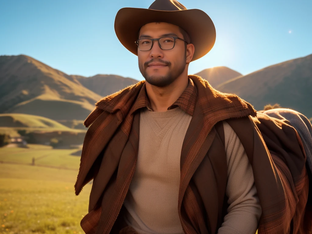 An award-winning original photo，a handsome 38-year-old man, crew cut, (((full body))), (((landscape))),  man, [slightly fat], asian man, brown eyes, rounded face, glasses, slightly balding, 1boy, Solo, (big shoulders), musculature, stubbles, Short beard, (Beautiful eyes:1.3), (Detailed face:1.3), wearing glasses, Dynamic Angle, volumetric lighting, (Best quality, A high resolution, Photorealistic), Cinematic lighting, Masterpiece, RAW photo, Intricate details, (extremely detailed 8k wallpaper), masterpiece 16k photo,riding a horse, casual clothes, cowboy hat, 