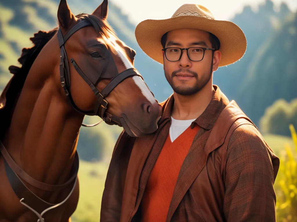 An award-winning original photo，a handsome 38-year-old man, crew cut, (((full body))), (((landscape))), mature man, [slightly fat], asian man, brown eyes, rounded face, glasses, slightly balding, 1boy, Solo, (big shoulders), musculature, stubbles, Short beard, (Beautiful eyes:1.3), (Detailed face:1.3), wearing glasses, Dynamic Angle, volumetric lighting, (Best quality, A high resolution, Photorealistic), Cinematic lighting, Masterpiece, RAW photo, Intricate details, (extremely detailed 8k wallpaper), masterpiece 16k photo,riding a horse, casual clothes, cowboy hat, 