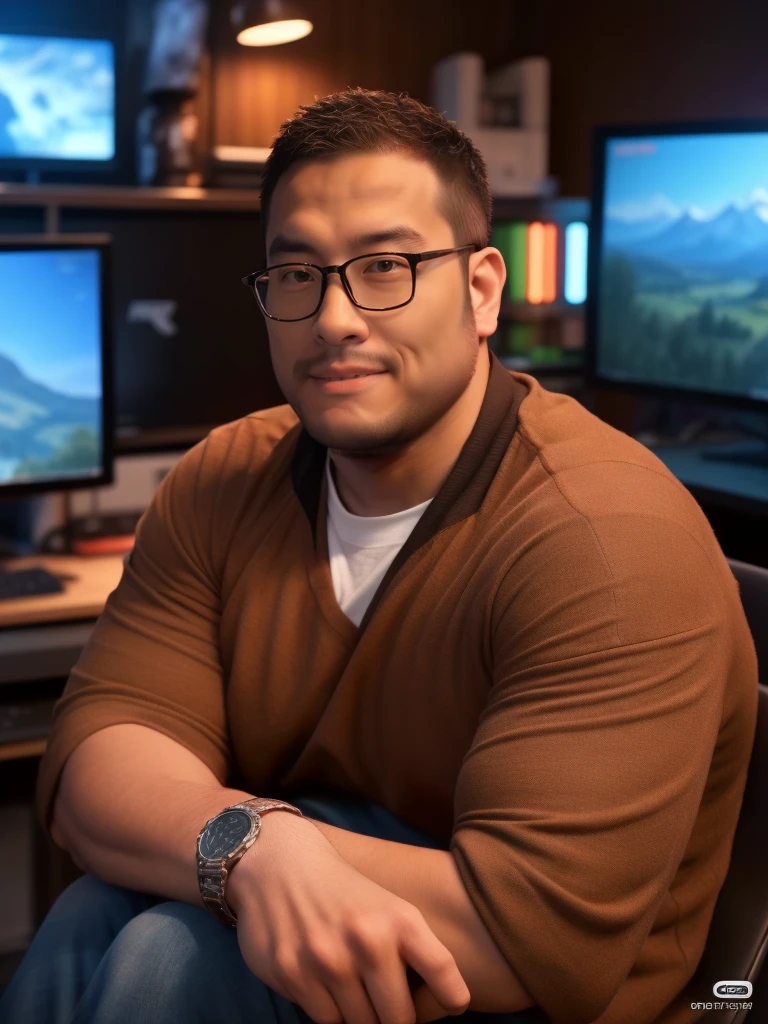An award-winning original photo，a handsome 38-year-old man, crew cut, (((full body))), (((landscape))), mature man, [slightly fat], asian man, brown eyes, rounded face, glasses, slightly balding, 1boy, Solo, (big shoulders), (((stubbles, Short beard))), (Beautiful eyes:1.3), (Detailed face:1.3), wearing glasses, Dynamic Angle, volumetric lighting, (Best quality, A high resolution, Photorealistic), Cinematic lighting, Masterpiece, RAW photo, Intricate details, (extremely detailed 8k wallpaper), masterpiece 16k photo, sitting in front of computer playing games, background in esports room,