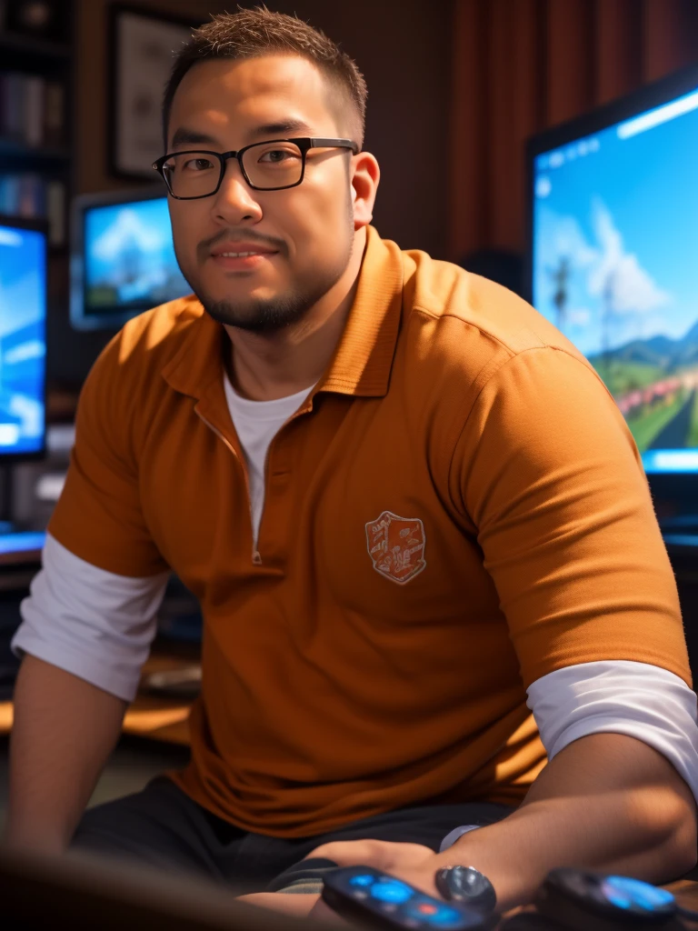 An award-winning original photo，a handsome 38-year-old man, crew cut, (((full body))), (((landscape))), mature man, [slightly fat], asian man, brown eyes, rounded face, glasses, slightly balding, 1boy, Solo, (big shoulders), (((stubbles, Short beard))), (Beautiful eyes:1.3), (Detailed face:1.3), wearing glasses, Dynamic Angle, volumetric lighting, (Best quality, A high resolution, Photorealistic), Cinematic lighting, Masterpiece, RAW photo, Intricate details, (extremely detailed 8k wallpaper), masterpiece 16k photo, sitting in front of computer playing games, background in esports room,