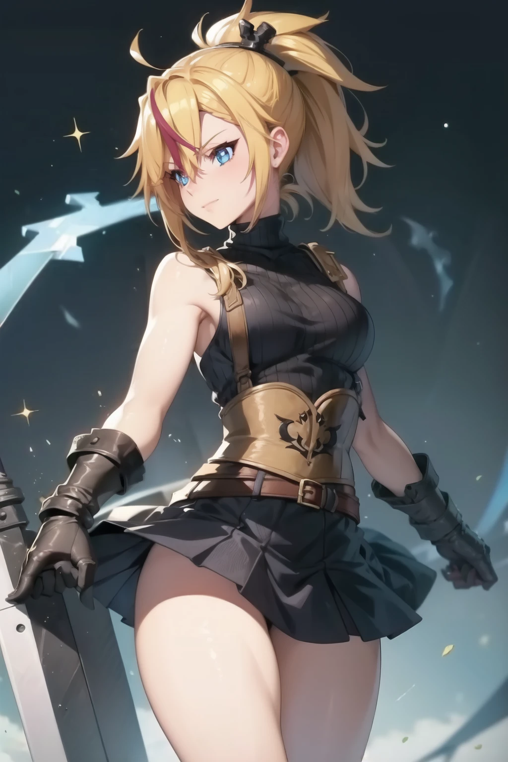 (masterpiece, best quality:1.2), Blue glowing eyes, perfect face, highres, 1 girl, solo, ultra long ponytail, (female:1.5), strife, blonde hair, shoulder armor, sleeveless turtleneck, suspenders, belt, gloves, bracer, evil smile, standing, portrait, looking at viewer, giant sword on the back