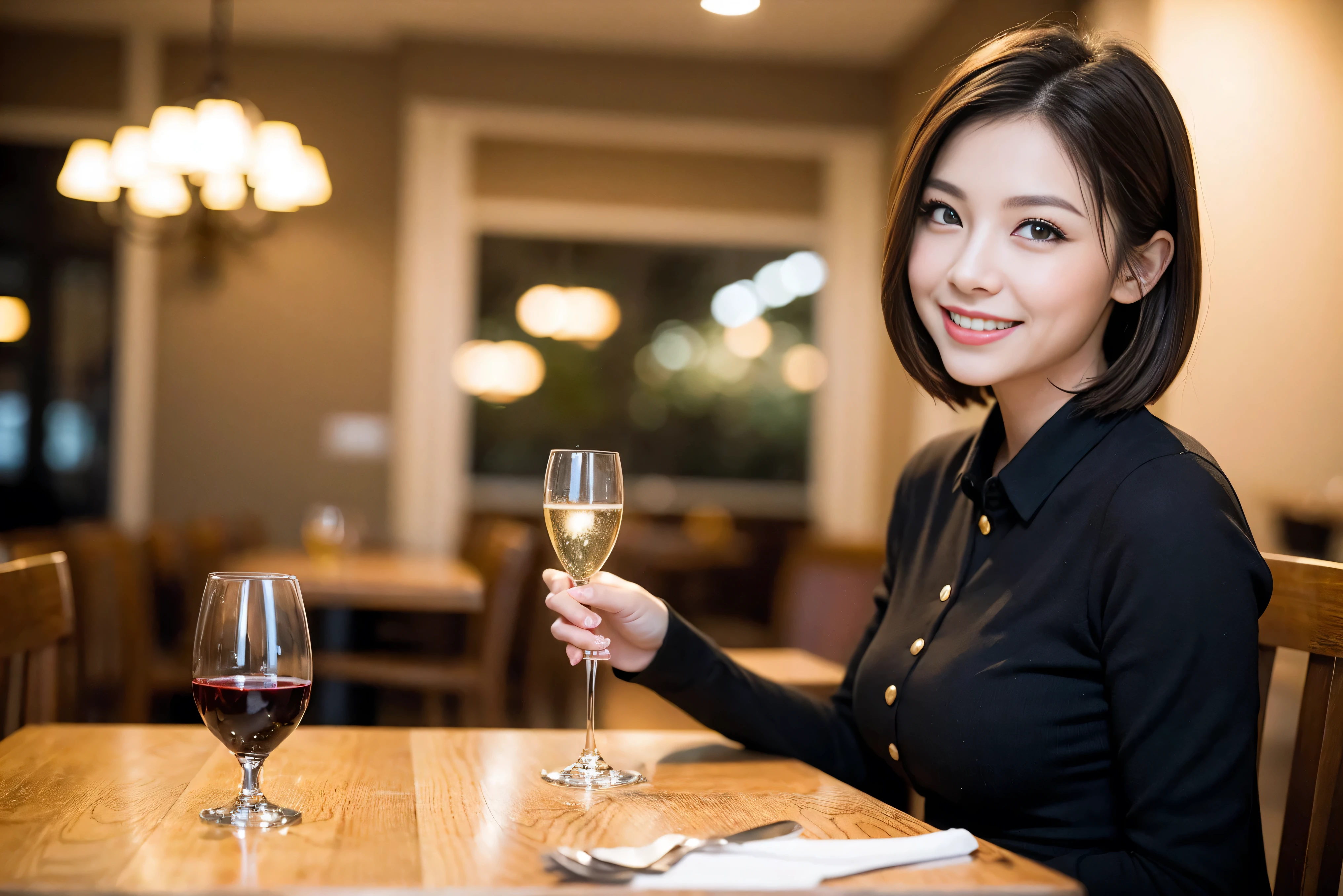 ((highest quality、8k、masterpiece:1.3))、Ryoko Yonekura lookalike beauty、1 male1 female、Couple、Spouse、half、The body is slim, (Realistic, Intricate details:1.2), Wine glass on the table、Shine light on your face、 Amazing view of the sunset sky and clouds、A bright smile、The wonderfulness of smile、Beautiful Face, blue eyes, The light shines on your face, Blushing, short hair,Bright Face、 (Age 45), 39 years old, red wine 、Appetizers、Italian food、Wine bottle、Champagne、sparkling wine、Two beauties、Brown Hair、Shortcuts、Long sleeve shirt、dress、Pretty Woman 1, (Slim face), (The body is slim), (Brown Hair), (Shortcuts), cheeks turn a little red,Attractive beauty、restaurant, In a prominent place (From the waist up) Nova Frog Style, actress, model, Upper Body, White wine, slim, wine glass, A wine glass placed in the center, smile, (smile: 1.15), Beautiful fine grain, Depth f/2,saturation, High Contrast, Strong light and shadow,Moist Body:1.5、3D texture、Delicate eyes、Brown Hair、The hair is very shiny、