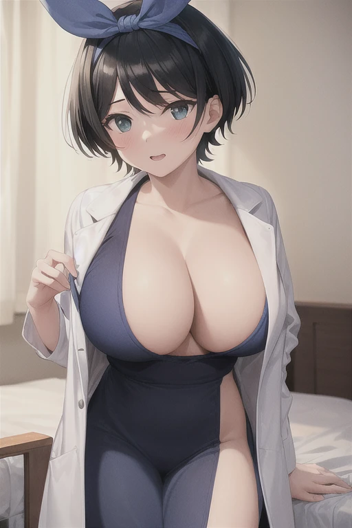 A girl with short black hair, a big blue ribbon headband, and big breasts The whole body is visible White Coat Nurse Handjob in the hospital bed