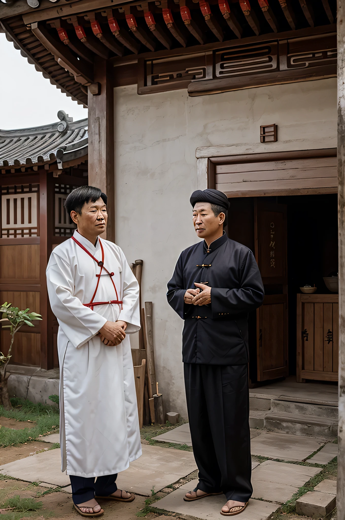 Create an image depicting the wise Chinese farmer standing outside his modest home in a rural village. The farmer should have a calm and serene expression, wearing traditional Chinese clothing. Surrounding him are a few neighbours with concerned and sympathetic expressions offering condolences.