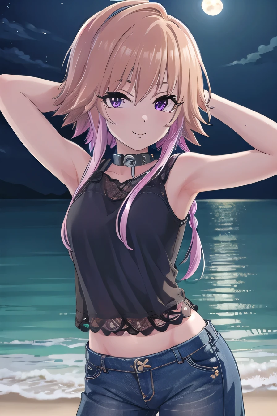 ninomiya asuka, masterpiece, best quality, ultra-detailed, solo,1girl, orange hair,long hair,bangs,twin braids,pink hair,purple eyes, sleeveless, studded collar, black tank top, white short, (cowboy shot:1.5), beach, night sky, arms behind head, spread armpits, contrapposto, smile, closed mouth, looking at viewer,