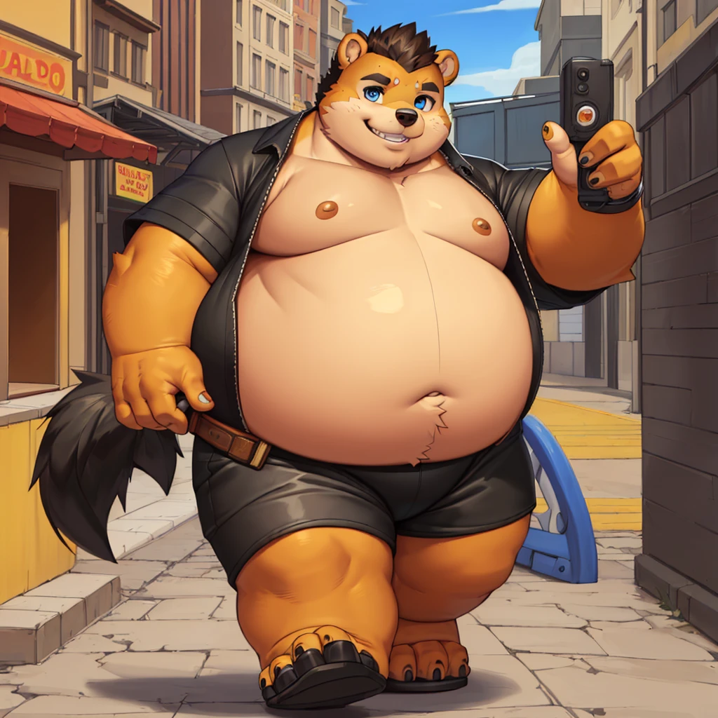 ((Masterpiece)),((Hight quality)),((Hught Detailed)),((Realistic,)) Anime Artistic masterpiece art, Morbid Obese bear kid while Anatomy of character, Hyper obese Furry character, Long shot photo, Real life (Massive, hairy) Obese citizen (massive obese, hairy, incredibly big looking), Anatomy of character, He is a fattening animal in which he has spent his entire life really fattening up for a fat contest, He is a boy who is a thong seller walking the streets showing his product, Solo, male, de pie, canino, piel blanca, blue eyes, pelo negro, cabello corto, ojos detallados, manos detalladas, lazo negro, sonriendo, dientes afilados, lobo, por darkgem, por mystikfox61, Masivo, enorme, poderoso, gigante, ancho, grueso, Oficina, bulto, entrepierna detallada, alone，male，regordete，sin camisa， alone， detallado， high resolution，， obra maestra，Obesidad excesiva，Obesidad en las extremidades.，exceso de peso，jupei，gente