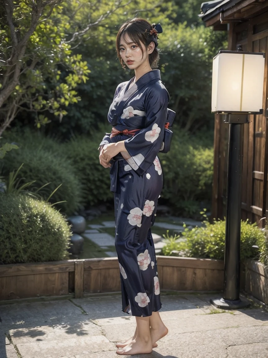 ((wearing a yukata:1.5)), detailed female anatomy, smooth skin, flawless body, graceful pose, natural lighting, serene expression, photorealistic, 8k, high quality, masterpiece, studio lighting, realistic, detailed skin texture, elegant, ethereal, glowing skin, ((full body:1.5)), ((standing:1.5)), Cleavage