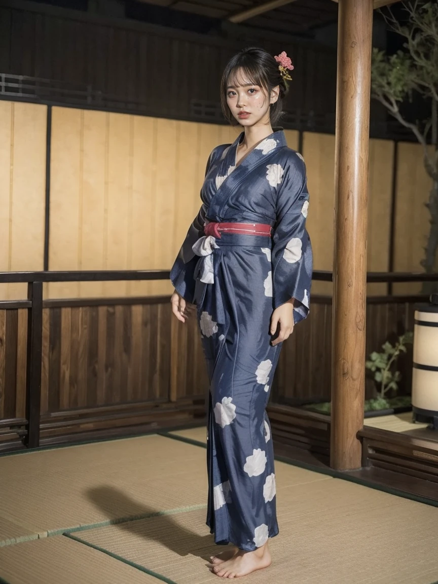 ((wearing a yukata:1.5)), detailed female anatomy, smooth skin, flawless body, graceful pose, natural lighting, serene expression, photorealistic, 8k, high quality, masterpiece, studio lighting, realistic, detailed skin texture, elegant, ethereal, glowing skin, ((full body:1.5)), ((standing:1.5)), Cleavage