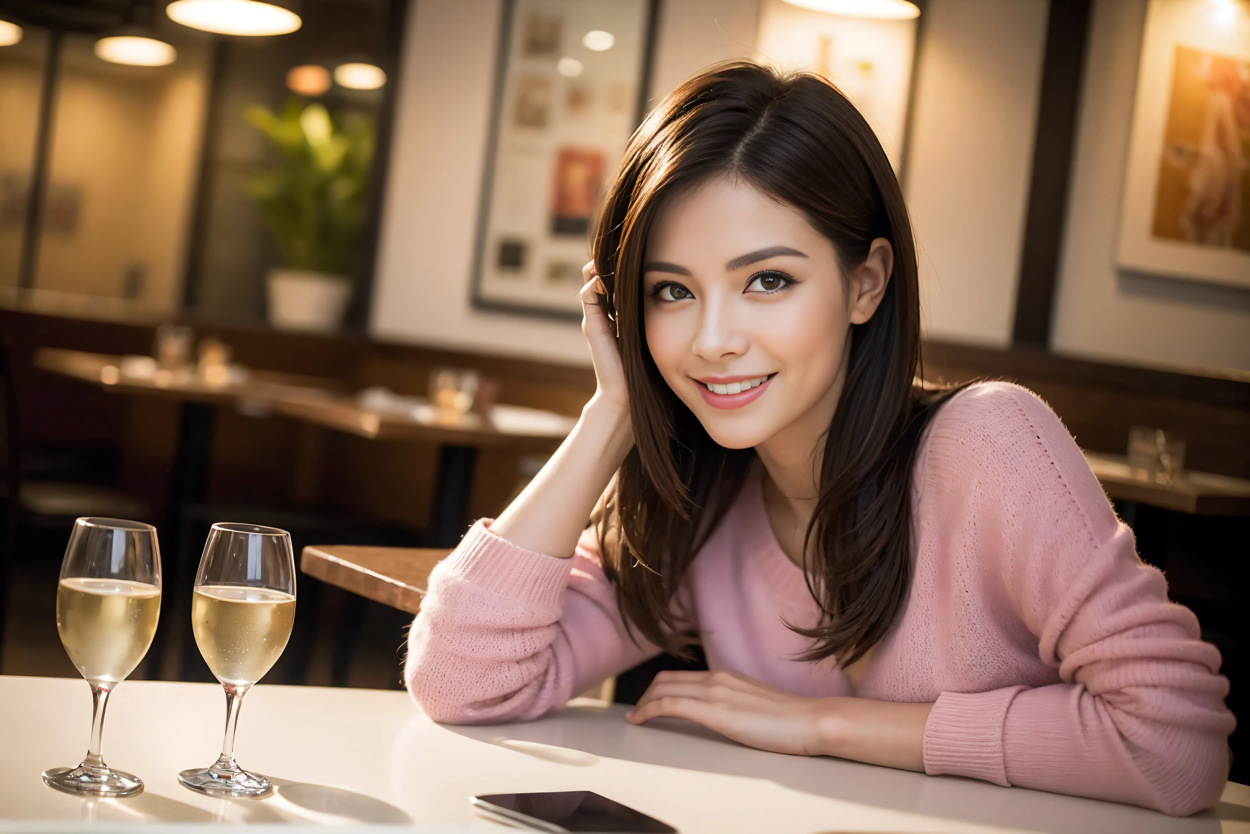 ((highest quality、8k、masterpiece:1.3))、beauty、1 male1 female、Couple、Spouse、half、The body is slim、((Bob Hale、Straight hair:1.2)), (Realistic, Intricate details:1.2), Wine glass on the table、Shine light on your face、 Amazing view of the sunset sky and clouds、A bright smile、The wonderfulness of smile、Bright image、The beauty of wine, Beautiful Face, blue eyes, The light shines on your face, Blushing, short hair,Bright Face、 (Age 45), 39 years old, red wine 、Appetizers、Italian food、Wine bottle、Champagne、sparkling wine、Two beauties、Brown Hair、Shortcuts、Long sleeve shirt、dress、Pretty Woman 1, (Slim face), (The body is slim), (Brown Hair), (Shortcuts), cheeks turn a little red,Attractive beauty、restaurant, In a prominent place (From the waist up) Nova Frog Style, actress, model, Upper Body, White wine, slim, wine glass, A wine glass placed in the center, smile, (smile: 1.15), Beautiful fine grain, Depth f/2,saturation, High Contrast, Strong light and shadow,Moist Body:1.5、3D texture、Delicate eyes、Brown Hair、The hair is very shiny、