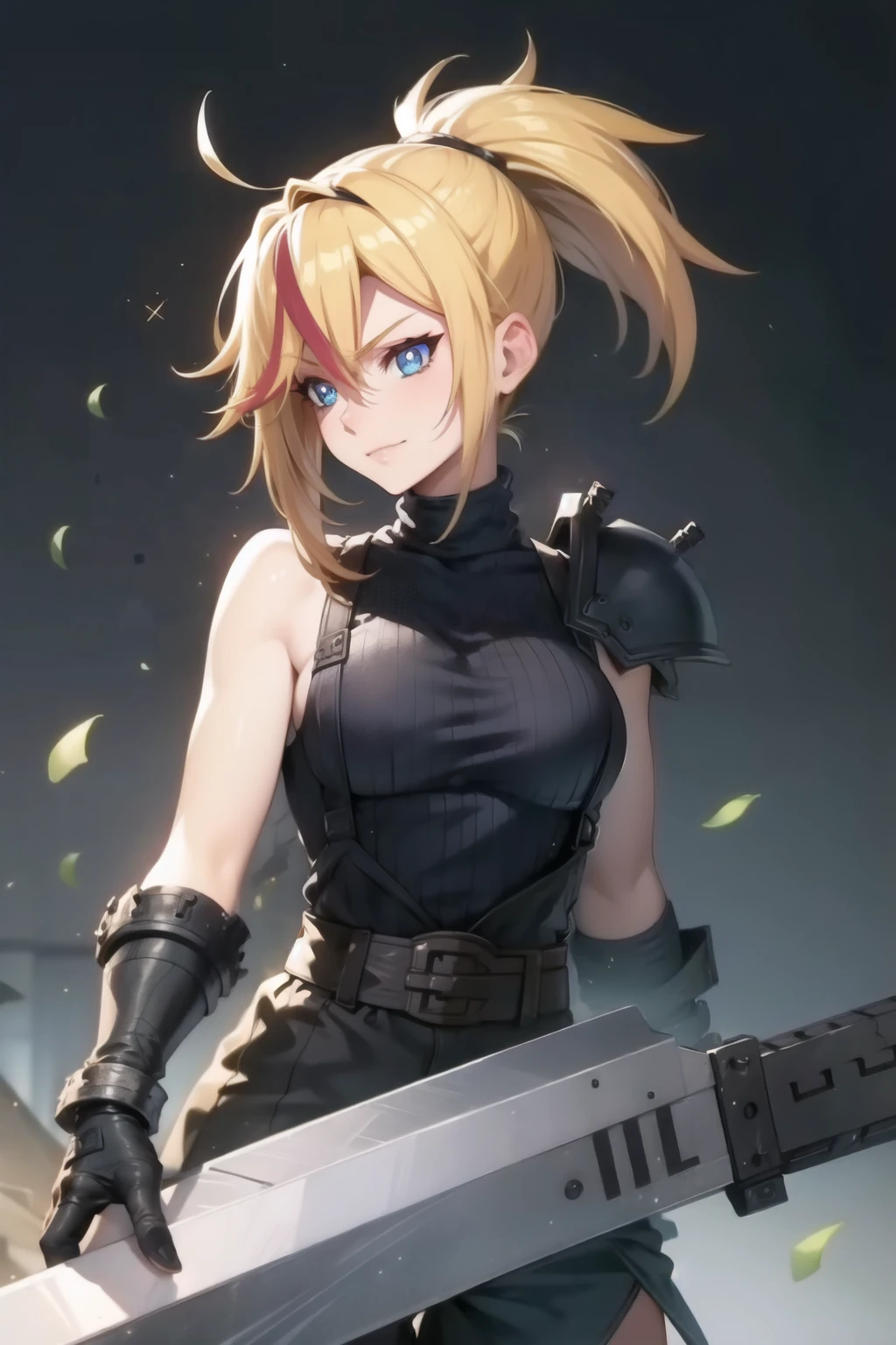 (masterpiece, best quality:1.2), Blue  glowing eyes, perfect face, highres, 1 girl, solo, ultra long ponytail, (female:1.5), strife, blonde hair, shoulder armor, sleeveless turtleneck, suspenders, belt, gloves, bracer, evil smile, standing, portrait, looking at viewer, giant sword on the back