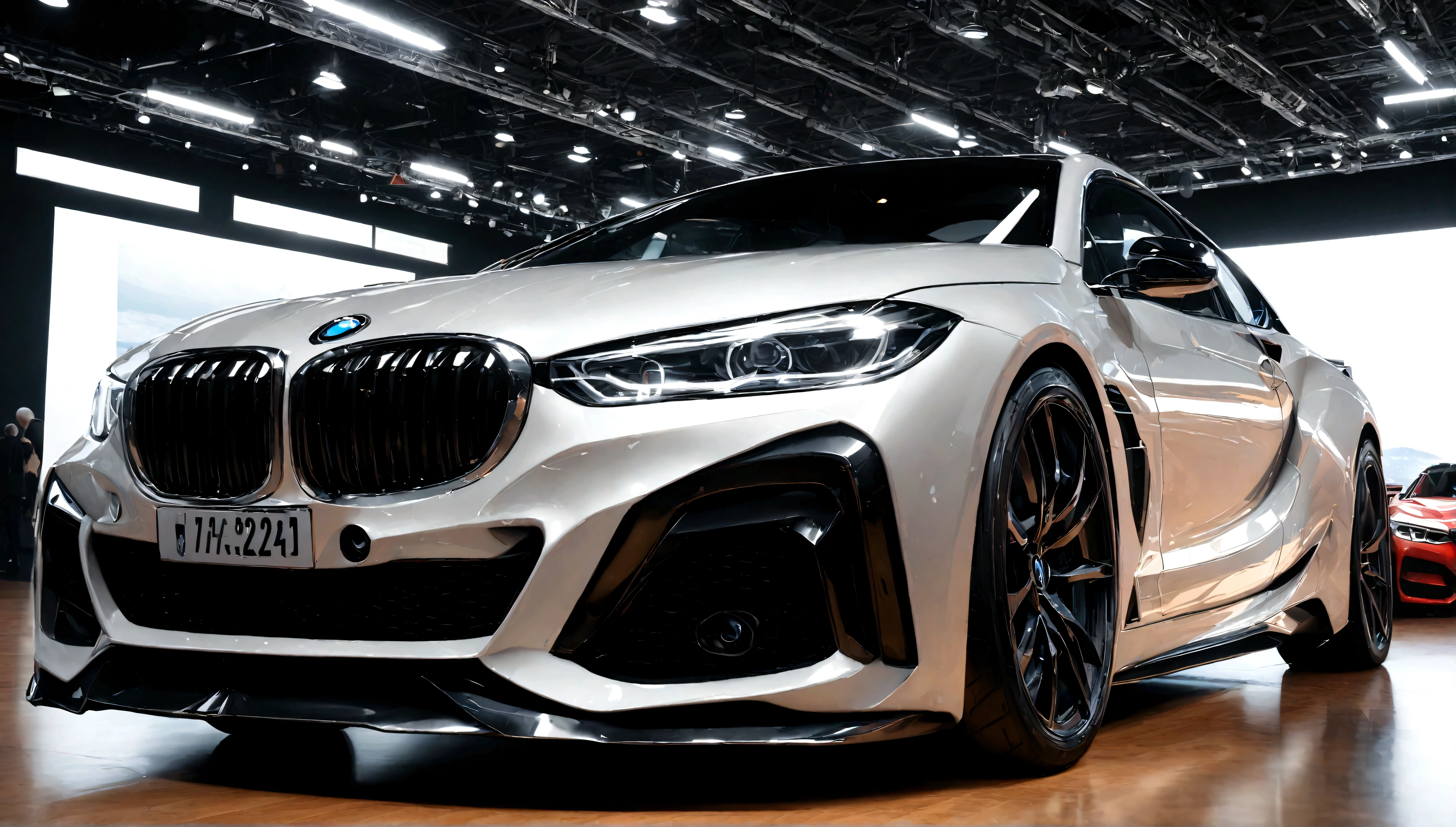 bmw white supercar, luxury car show, high-end automotive exhibition, photorealistic, 8k, best quality, masterpiece, extremely detailed, ultra-detailed, realistic, photo-realistic, HDR, UHD, physically-based rendering, sharp focus, vivid colors, studio lighting, chrome, reflective surfaces, glossy paint, precision engineering, low angle view, dramatic lighting, cinematic, luxury, premium, high-end, elite, opulent, elegant, sleek, sophisticated, modern, dynamic, powerful
