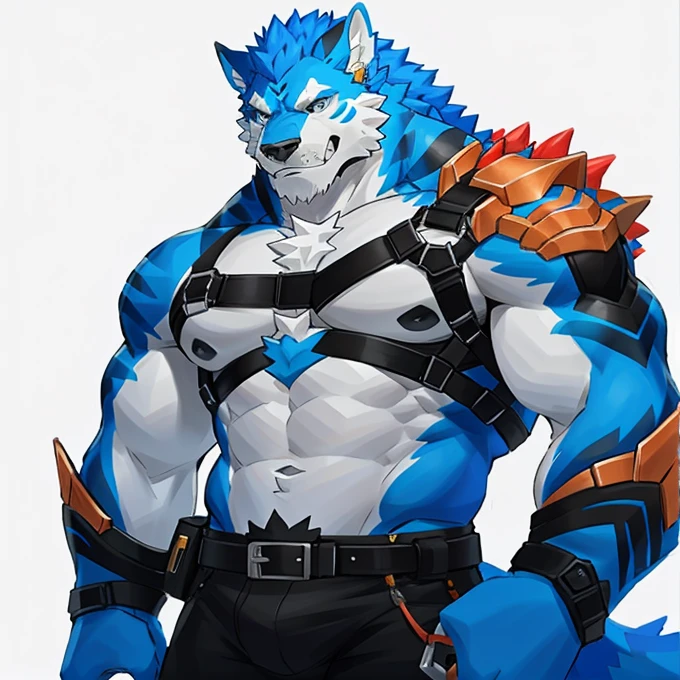 HD，White background，Wolf Orc，The main colors are red, yellow and orange，The pattern is complex，Coordinated body，Klein blue eyes，Calm face，Withdrawn，I have a small shoulder bag.，Handsome，No tops，All over the body，Standing as a whole