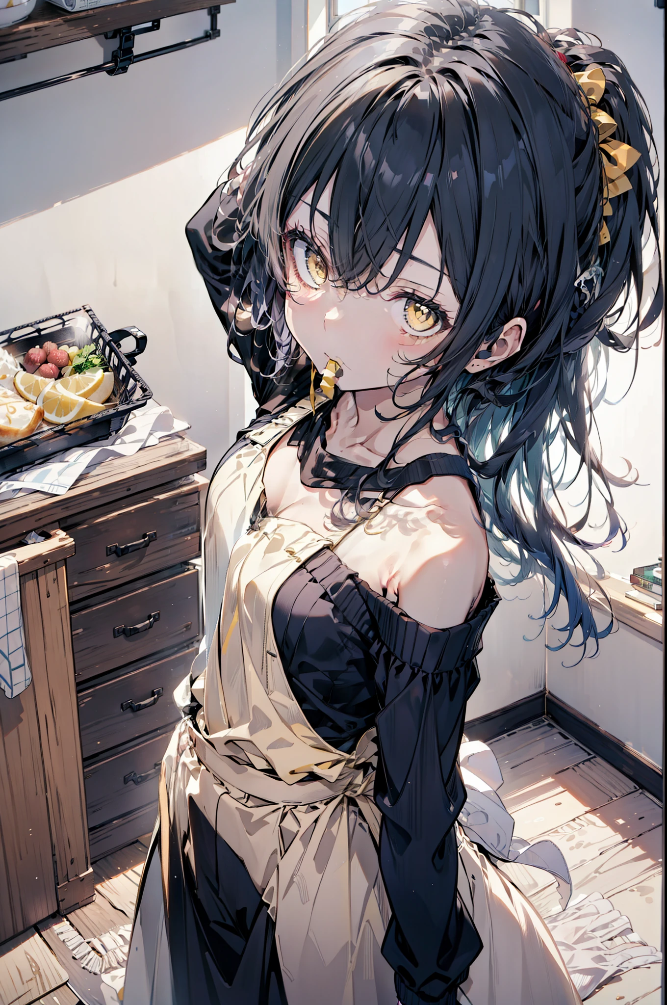Kamisonoda, Umi Sonoda, Long Hair, Blue Hair, (Yellow Eyes:1.5) (Flat Chest:1.2),One-shoulder sweater,Long skirt,apron,Hair tie on mouth, Redhead, Put your arms behind your head,whole bodyがイラストに入るように,
break looking at viewer,whole body,
break indoors, kitchen,
break (masterpiece:1.2), highest quality, High resolution, unity 8k wallpaper, (figure:0.8), (Beautiful fine details:1.6), Highly detailed face, Perfect lighting, Highly detailed CG, (Perfect hands, Perfect Anatomy),