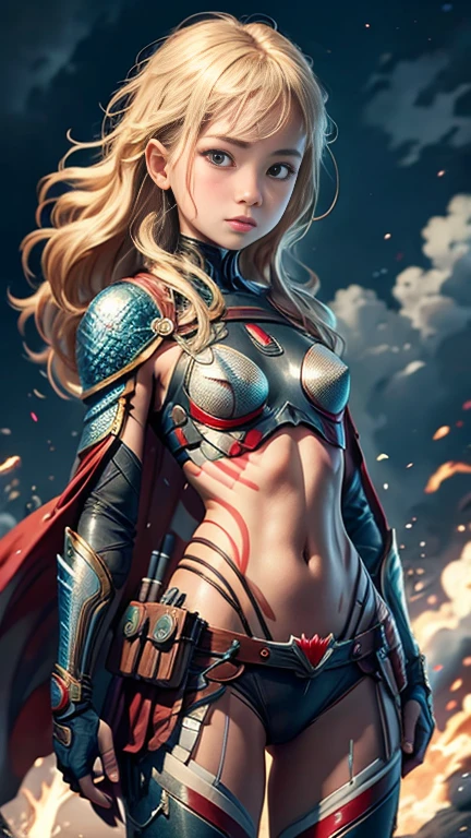 (8k),(masterpiece),(Japanese),(),((innocent look)),((Childish)),From the front and above,smile,cute,Innocent,Kind eyes,flat chest, Slender,Hairless vagina,Aquaman,semi-long,Hair blowing in the wind,Blonde Hair,strong wind,night,big cinematic explosion