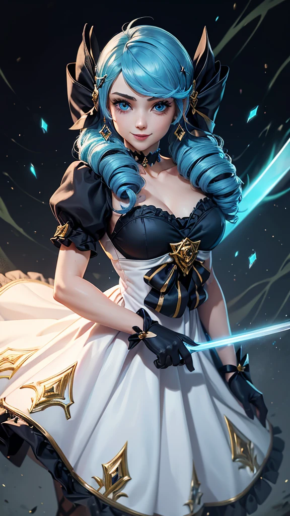 (masterpiece, best quality:1.2), expressive eyes, perfect face, highres, 1girl, solo, black bow, black gloves, black legwear, blue eyes, blue hair, bow, collarbone, dress, drill hair, frilled dress, frills, gloves, gwen \(league of legends\), hair ornament, league of legends, long hair, puffy sleeves, pink pupils, white dress, x, x hair ornament, smiling, waving, standing, cowboy shot, looking at the viewer. holding her weapon in the form of scissors, energy needles around her, magical aura around the character.