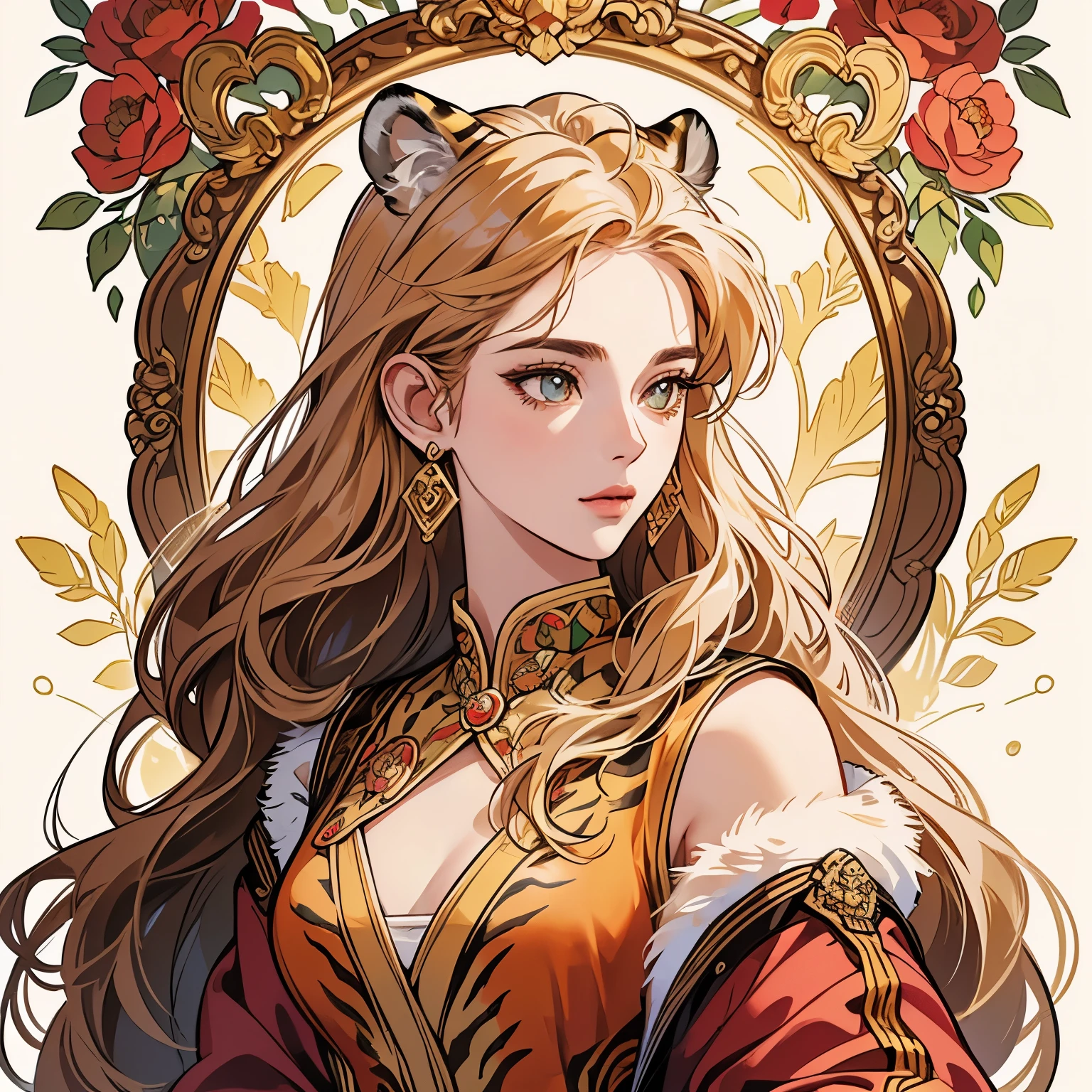 Best quality, 1 tiger, logo, background white only, emblem, 14k, intricate and detailed, frame,  (((1 woman and tiger))), detailed fur, sparkling eyes, corporate logo, golden, panoramic, long shot, front, red flowers, Upper body, looking at viewer,  beautiful goddess, Very detailed hair, small breasts