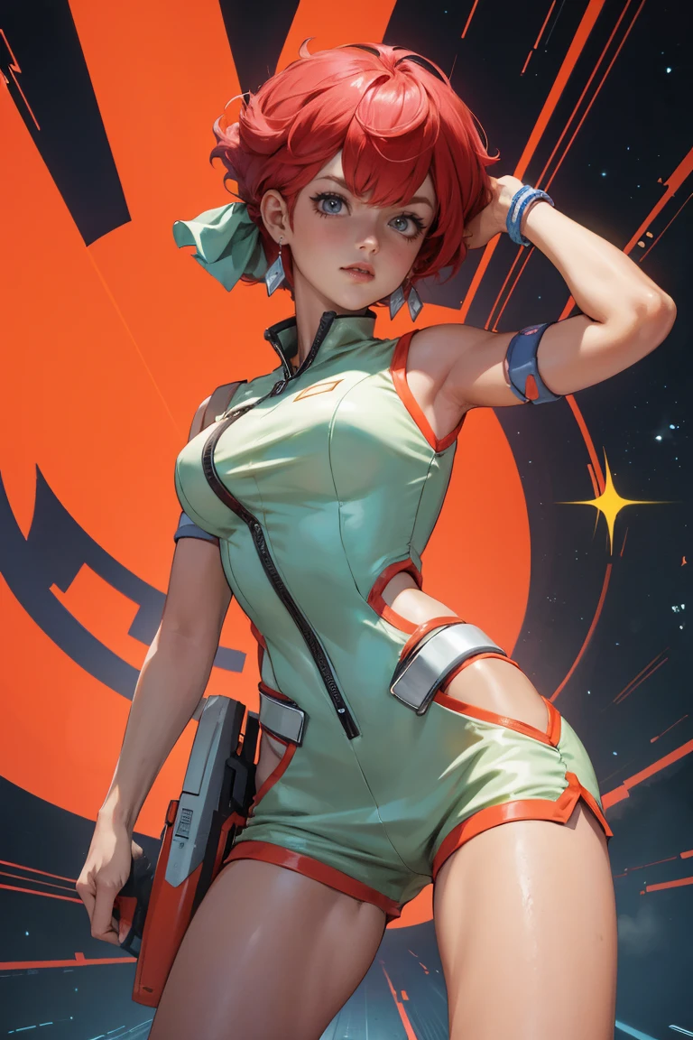 Kei de La pareja sucia, , usando un traje ajustado, escaso, pecho mediano, Belleza del cabello rojo, Fondo de la ciudad ciberpunk, sosteniendo una pistola espacial retro, venda, cintura delgada, muslos delgados, brecha del muslo, mostrar el vientre, uniforme amarillo claro, flaco