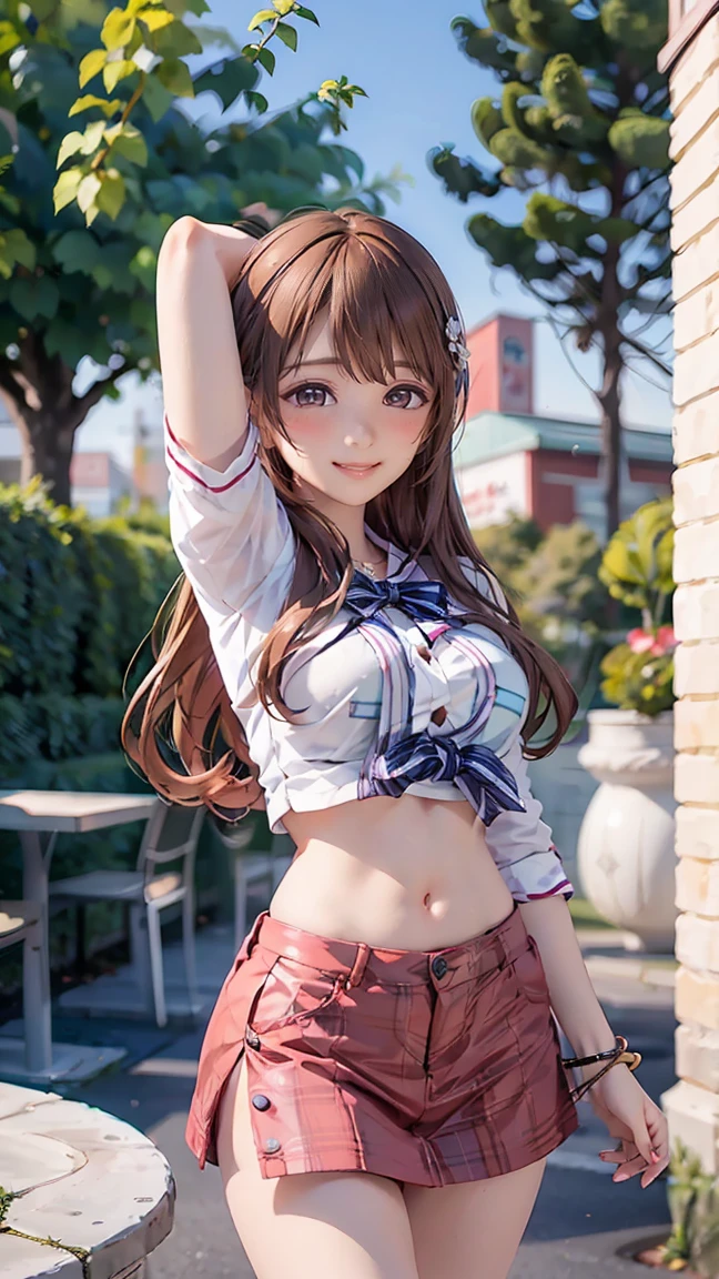 ((((highest quality)))), (((Ultra-precision CG 16K))), (((masterpiece))), (((Very detailed))), (((Extremely detailed))), (((Black outline:1.3, Written boundary depth:1.3 , Written soft outline))), Blur, Bokeh, Maximum clarity and sharpness,Multilayer Texture, Surface Shading, Cinematic lighting, Beautiful details sparkle ,Perfect Proportions, Limited to three woman, BREAK accurate, Anatomically correct, Highly detailed face and skin texture, drawn in detail, Highly detailed facial and skin texture, Detailed eyes, beautiful hair, Beautiful Japanese Idol face, Beautiful and beautiful eyes, Beautiful body, Beautiful breasts, Beautiful thighs, Beautiful legs, Beautiful fingers, (Beautiful views) , skinny body, ((Beautiful Skin)), ((Skin Texture)) BREAK breast enlarged, large Breasts, perky breast, (blush, smiling:1.3, brown eyes, pink cheek, Double eyelids, Thin eyebrows, narrow eyes:1.3, Natural cheeks, Glossy skin, Fair skin:1.2, (Glossy lips:1.4, shiny lips: 1.4 ), high school student, Attractive adult woman ) , Long-Hair:1.3, straight-Hair:1.3, Hair Intake, Inner hair color, [(gradient hair from black to yellow:1.4):0.4], BREAK (girly fashion, midriff peek , low rise mini skirt with slits, burberry check skirt, wearing outerwear outfits to button up) , nail art, necklace, Bridal Ring, wearing a watch BREAK (Stretching-upwards:1.3),(standing, a girl relaxing in a cafe:1.3, book and coffee cup on table, sunny outdoors,:1.3 , from front, from below, looking at friends , bust up, cowboy shot)