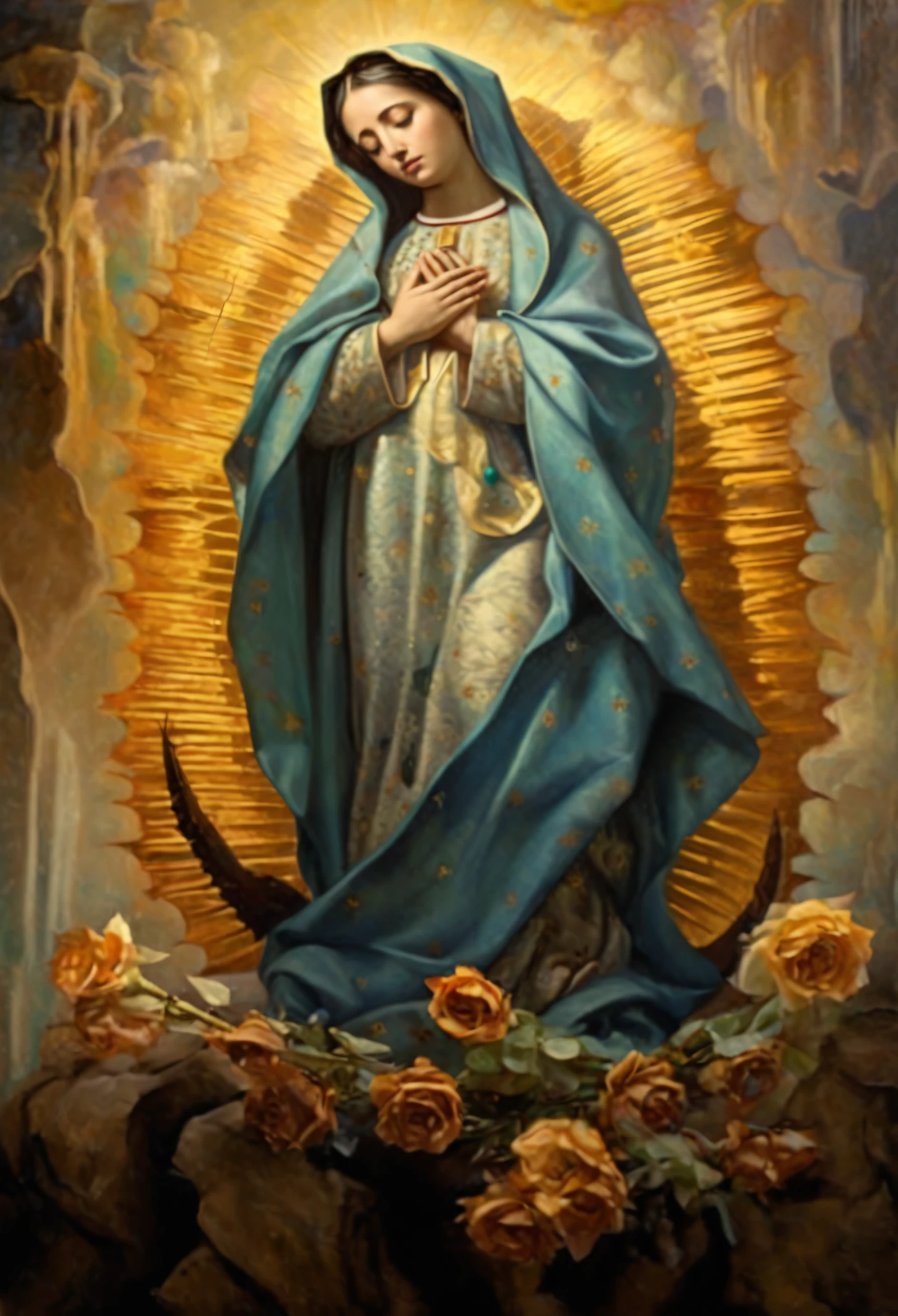 (((Holy virgin mary OF GUADALUPE, in traditional image. With eyes closed. with a rosary in his hands. full body. Hyperrealistic image. full body))) (((17 years old))) Masterpiece (Best quality: 1.2) (Super fine: 1.2) Illustration, (Extremely delicate and beautiful: 1.2), Film angle, Floating, (Beautiful detail eye: 1.1), (Detail Light: 1.1) Film lights, Delicate sky, Blue eyes (High ponytail: 1.1) Layer, Bright eyes (Light particles: 1.1) dr