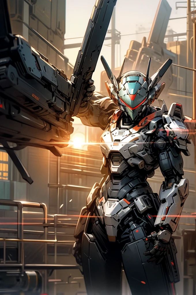 Not a person,MECA,Armored warrior,droid,holding_weapon,sunset,stylish,fine illustration,masterpiece,Super detailed,high quality