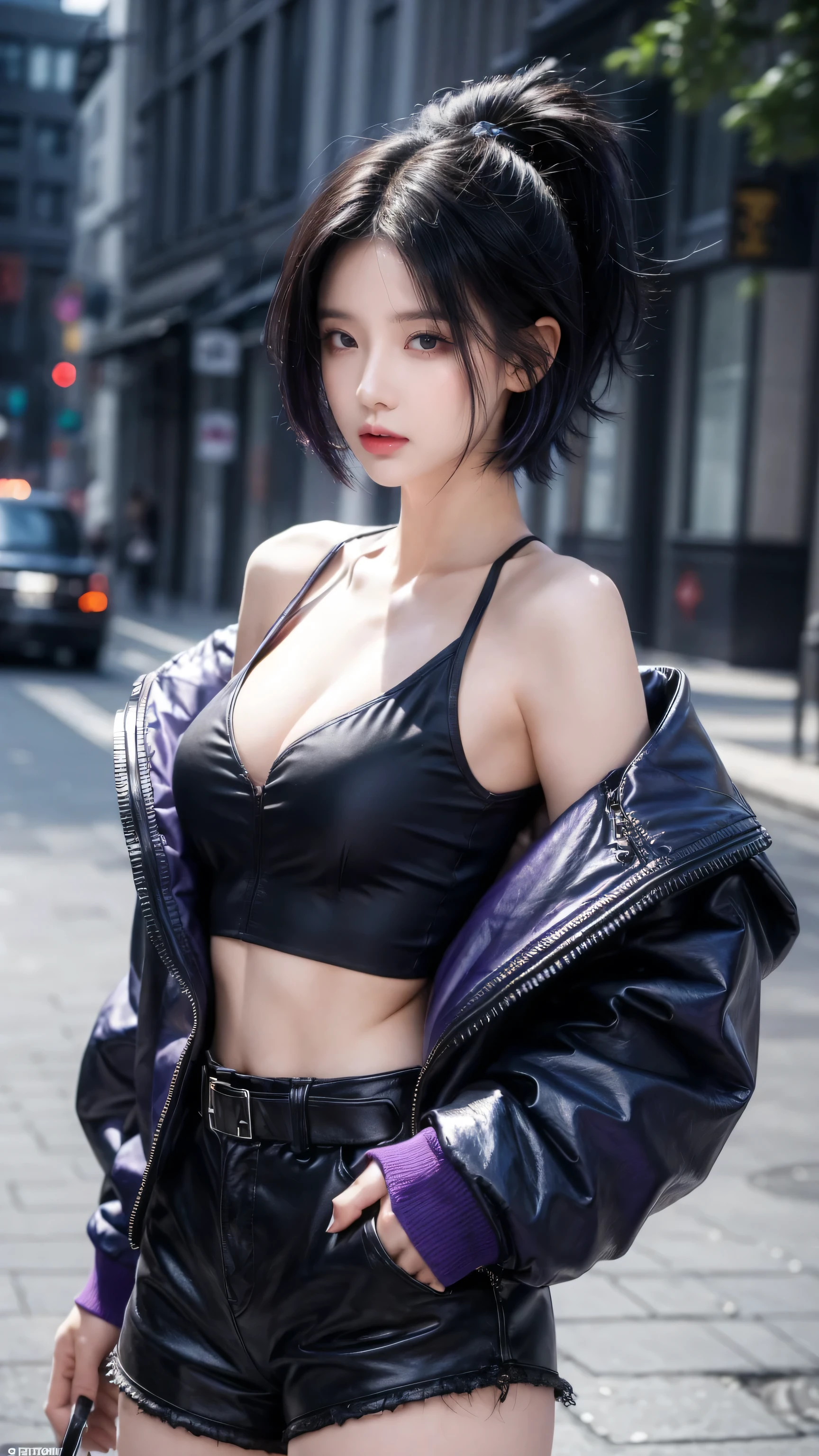 best quality, 1 Girl, dark blue hair, black eyes, Very short hair, Spiky hair, purple Crop Top Drape, purple jacket, high waist short,Wearing long black boots、171 cm, Messy hair, Hair between the eyes, Medium breasts, full, Tomboy, aldult, 20 years old, 1 Girl near purple motorcycle