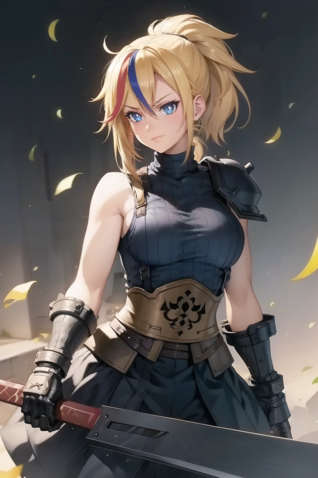 (masterpiece, best quality:1.2), Blue glowing eyes, perfect face, highres, 1 girl, solo, ultra long ponytail, (female:1.5), strife, blonde hair, shoulder armor, sleeveless turtleneck, suspenders, belt, gloves, bracer, evil smile, standing, portrait, looking at viewer, giant sword on the back