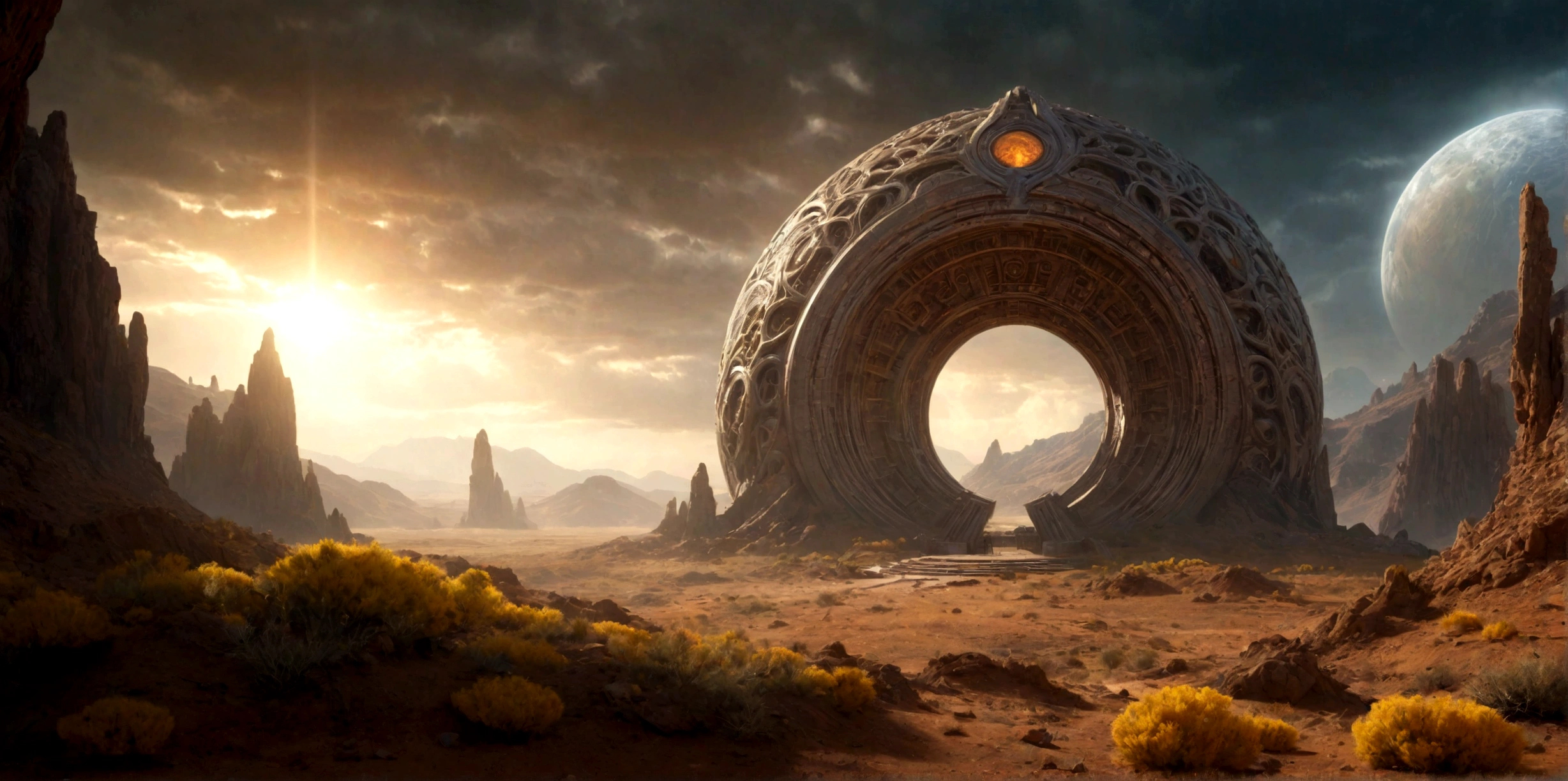 (EN UN VALLE RODEADO DE ACANTILADOS) ((AT THE FOOT OF AN INTRICATE TWO-DIMENSIONAL PORTAL STILL ACTIVE TO AN ALIEN TEMPLE), SUPER HIGH DEFINITION IMAGE WITH HYPER REALISM , MUCHO CALOR, PLANETA SECO, hyper realistic in 4K, cinematic lighting. little vegetation on alien planet other than Earth, cloudy stormy and cold weather, el sol se oculta