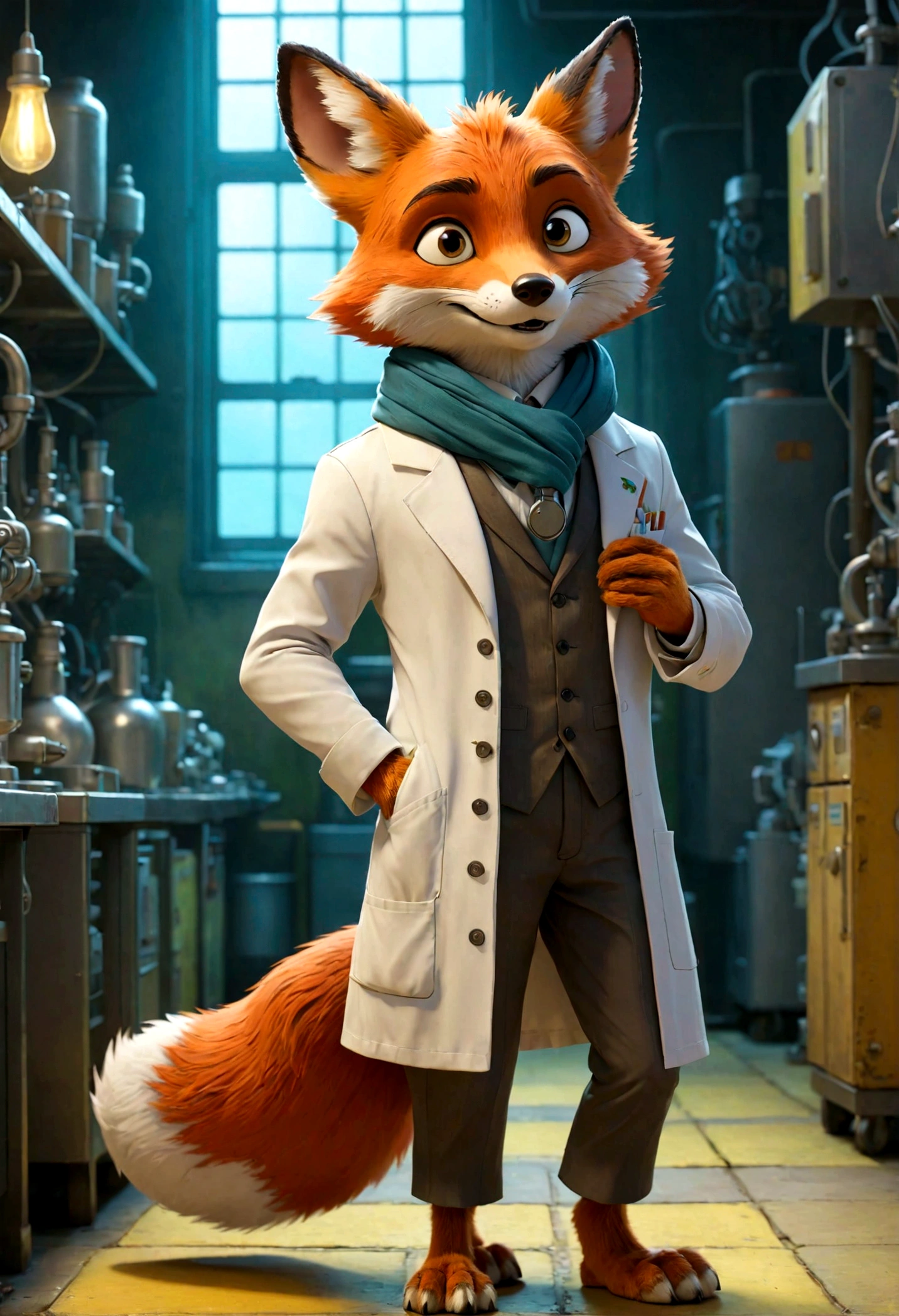 There's a cartoon fox in a suit and scarf walking around, an anthropomorphic fox, raposa em jaleco, anthropomorphic fox, stern looking fox in a lab coat, foxish guy in a lab coat, Nick Wilde, Zootopia, uma raposa antro, Cientista da Raposa, an anthropomorphic cyberpunk fox, Nick Wilde, Parte Raposa, Peter the Rabbit's Rapo, beatrix potter