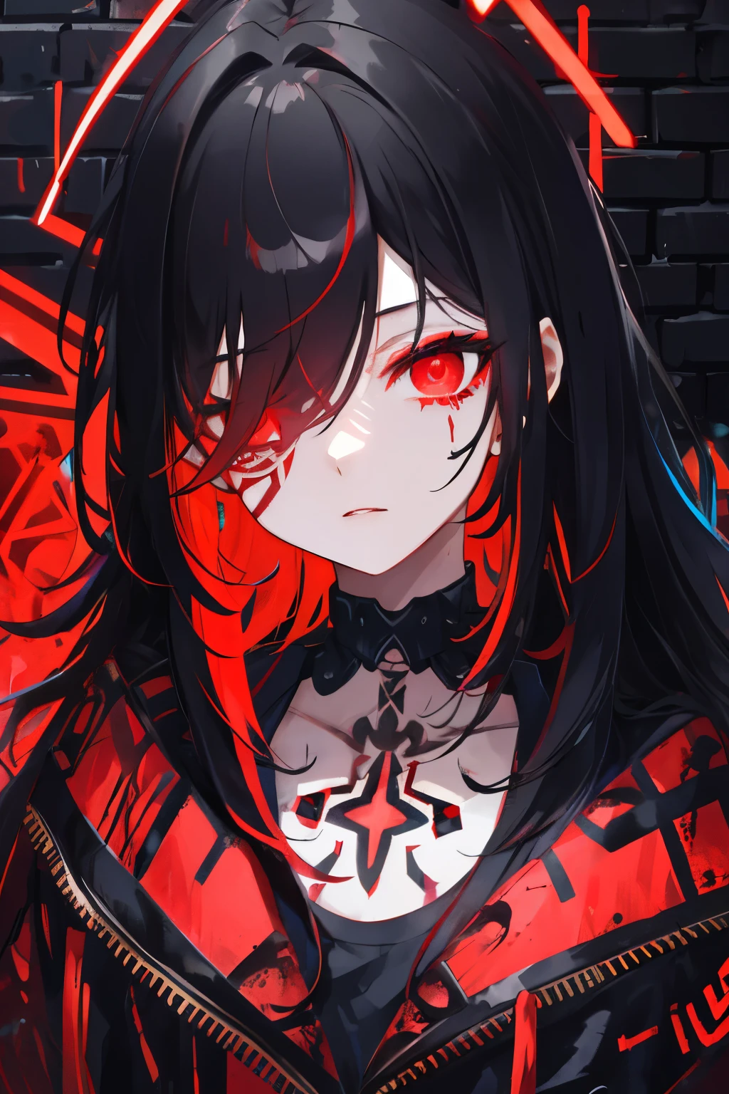 best quality, intricate details, chromatic aberration, 

1girl, long hair, black hair, messy hair, red highlights, hair over one eye, red eyes, sharp eyes, 

choker, neon shirt, torn legwear, open jacket, 

against wall, brick wall, graffiti, glowing grafiti, glowing tattoos, glow, neon lights, 


blacklight,  
