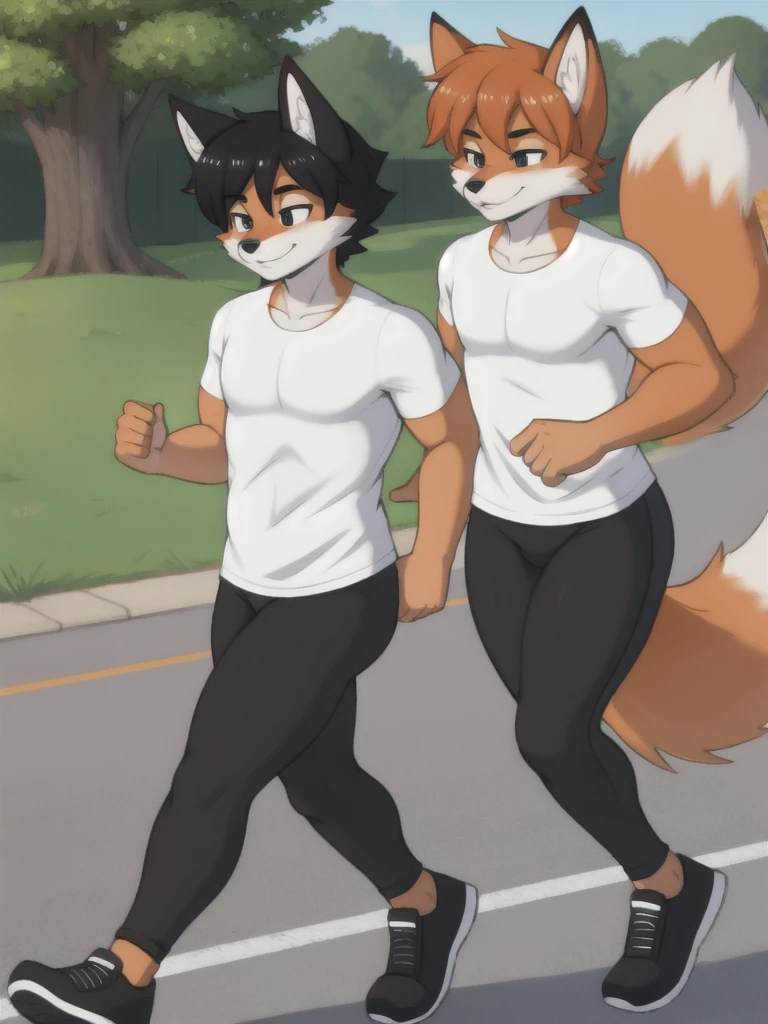 Furry, fox, male, twins, black leggings, white shirt, jogging outside the house,