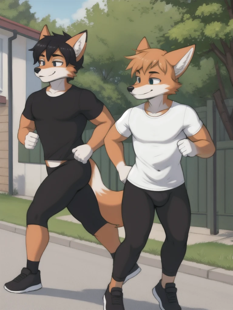 Furry, fox, male, twins, black leggings, white shirt, jogging outside the house, teen