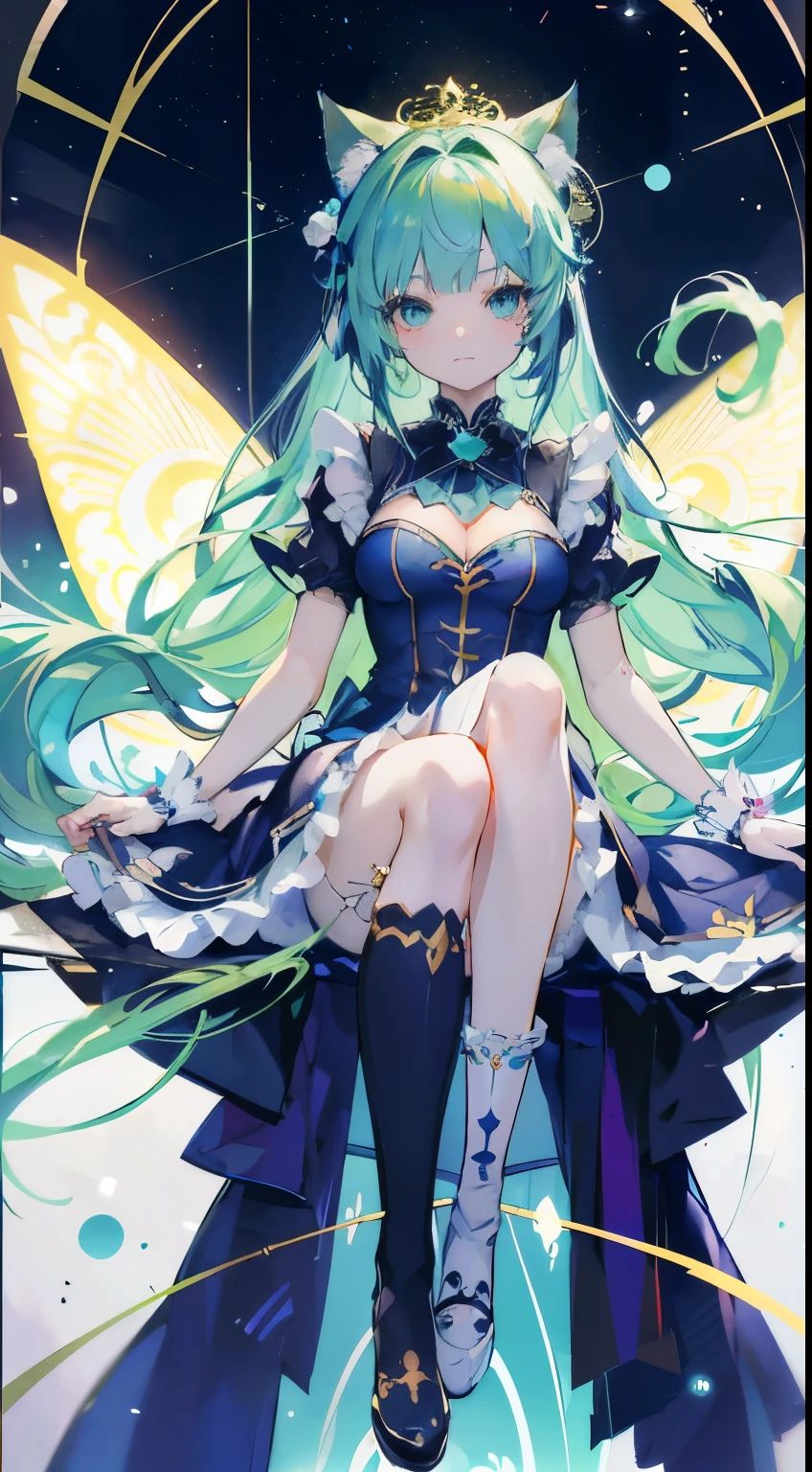 ((Tabletop, highest quality: 1.1), ((Anime girl in a blue dress holding a magic wand)), Art Nouveau、Anime Cat girl wearing a maid costume, , ((Green hairs))、Long-haired person、((Eyes that shine like jewels, Long eyelashes, Transparency))、Very Beautiful Anime Cat girl, アニメCat girl, ((White knee-high socks)), 魅力的なCat girl, I&#39;At the candy store,Inspired by Leiko Ikemura, Takano Aya color style, in ryuuou no oshigoto art style, Cat girl, Someone you admire, rei hiroe、smile