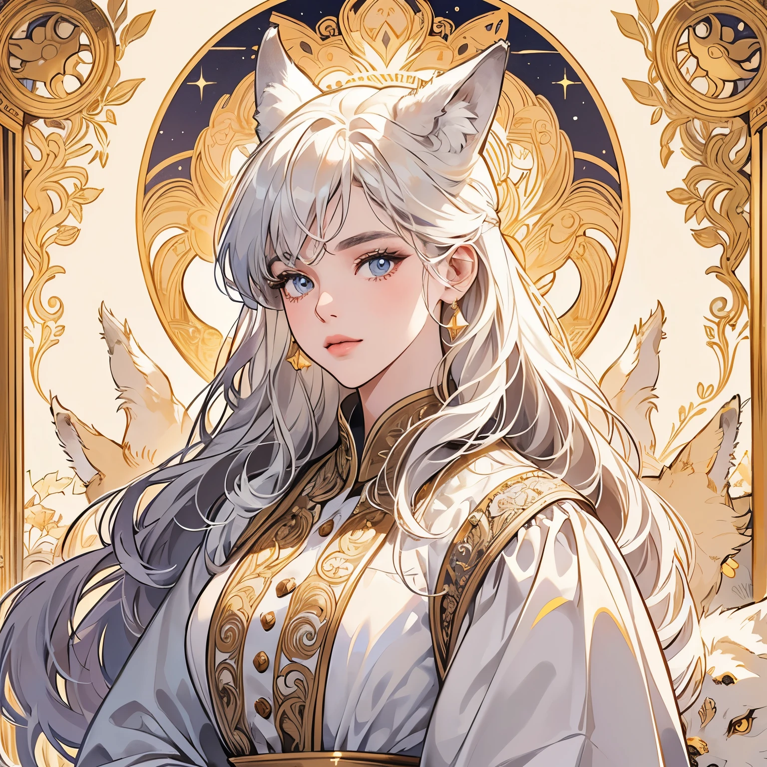 Best quality, 1 wolf, logo, background white only, emblem, 14k, intricate and detailed, frame,  (((1 woman and wolf))), detailed fur, sparkling eyes, corporate logo, golden, panoramic, long shot, front, flowers, Upper body, looking at viewer,  beautiful goddess, Very detailed hair, MOON