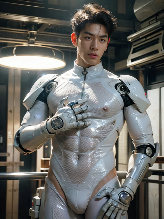 (masutepiece,High resolution,ultra - detailed:1.0),1(Boy,Robot Boy),Perfect male body,Look at the camera,Delicate eyes and delicate face,extremely details CG,Unity 8k Wallpaper,intricate-detail,solo person,Detailed face, (Futuristic skin-perfect white bodysuit), Best Quality, hands visible, (White Gloves),   short hair:1.5 , full length shot(fls) ,  , big hips , insane details, hyper details , photorealistic , only male , handsome boy ,  puffy nipples , 16k resolution , ultra-high clarity , hyperrealism, uhd,. K-pop idol ,   whore , slutty whore , swollen nipples , defeat , grins ,thick thighs, male , ((handsome face detail)) ,handsome Korean boy , NSFW , sexy , eroticism. , unrealistic wide hips , unrealistic wide pelvis
