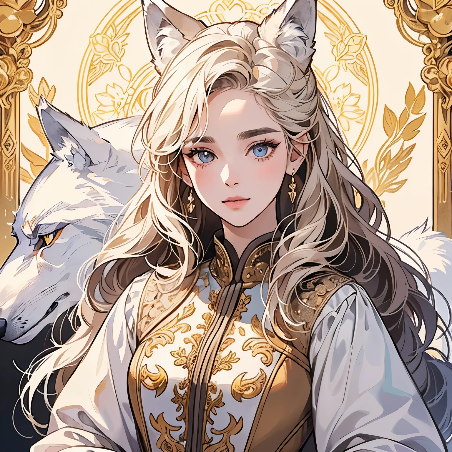 Best quality, 1 wolf, logo, background white only, emblem, 14k, intricate and detailed, frame, (((1 woman and wolf))), detailed fur, sparkling eyes, corporate logo, golden, panoramic, long shot, front, flowers, Upper body, looking at viewer, beautiful goddess, Very detailed hair, MOON