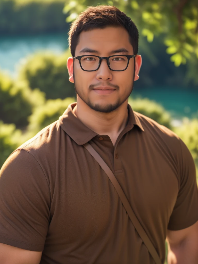 An award-winning original photo，a handsome 38-year-old man, crew cut, (((full body))), (((landscape))), mature man, [slightly fat], asian man, brown eyes, rounded face, glasses, slightly balding, 1boy, Solo, (big shoulders), (((stubbles, Short beard))), (((beard))), (Beautiful eyes:1.3), (Detailed face:1.3), wearing glasses, Dynamic Angle, volumetric lighting, (Best quality, A high resolution, Photorealistic), Cinematic lighting, Masterpiece, RAW photo, Intricate details, (extremely detailed 8k wallpaper), masterpiece 16k photo, bear ears,