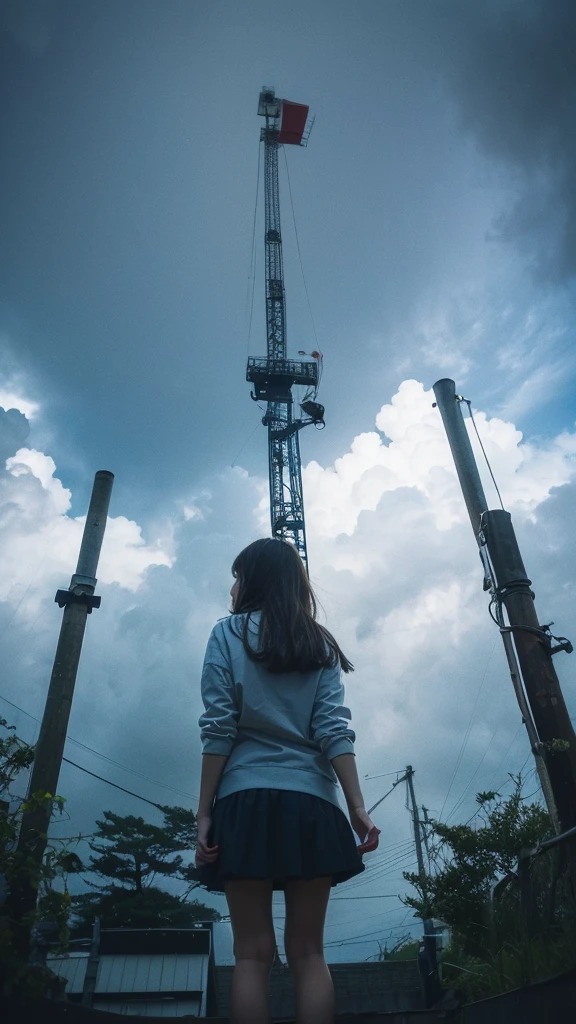 ((crane))、Rainy Sky、((1girl)),from below