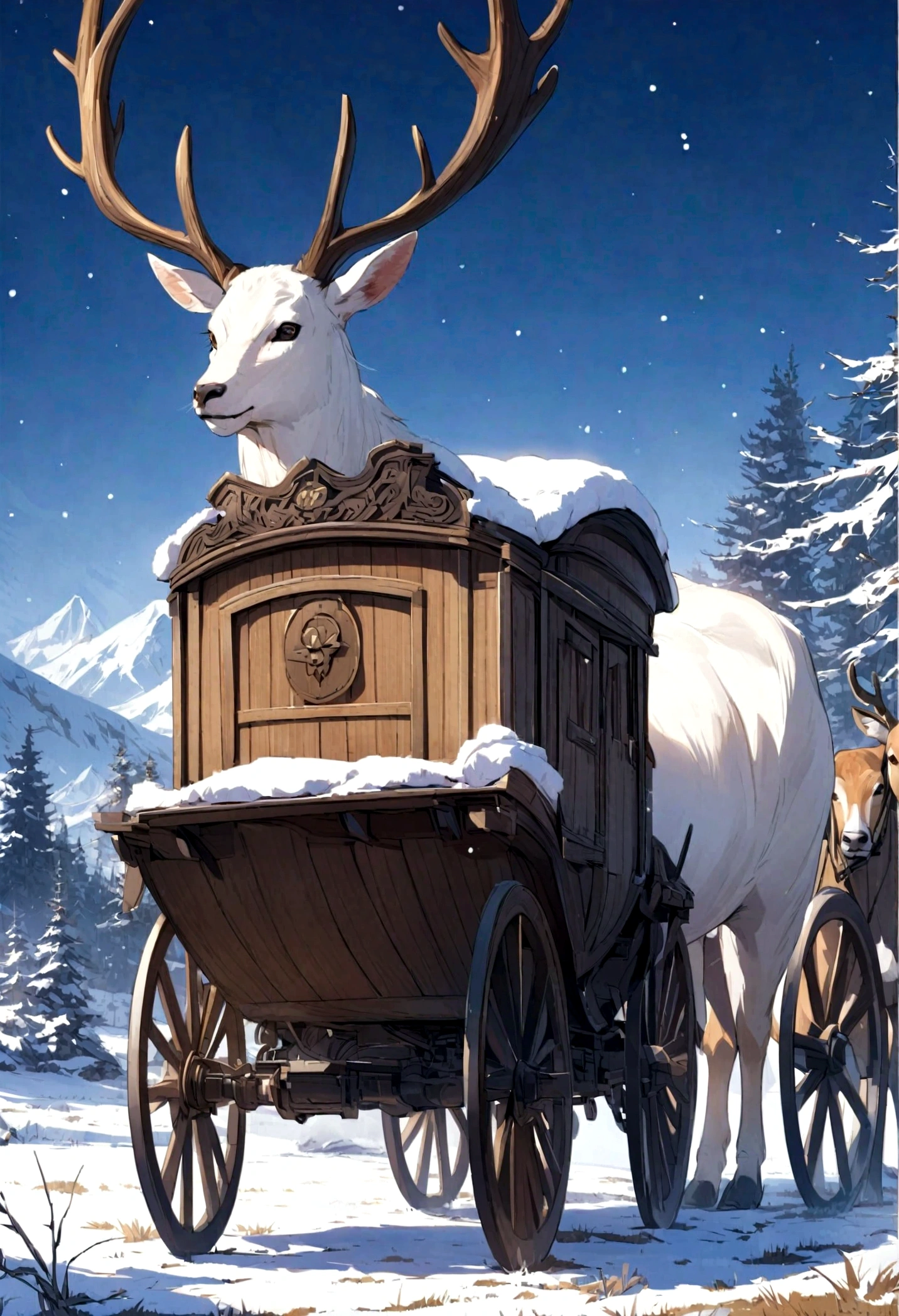 This image depicts a beautiful scene in a traditional Japanese art style. In the background, snow-covered mountains stretch across the horizon. In the foreground, there is a luxurious wooden carriage with an elegant princess looking out from the window. The princess is dressed in traditional Japanese attire, exuding grace and poise.

In front of the carriage, two animals are shown affectionately touching noses. The animal on the left is a fox wearing a kimono, while the one on the right is a deer dressed in a sweater. Both animals have expressions of warmth and friendliness.

The entire image warmly portrays the serene winter landscape and the heartwarming interaction between the animals. It is a harmonious blend of traditional Japanese art elements and the endearing presence of the animals, creating a heartwarming and picturesque scene.

Keywords:

Traditional Japanese art
Snowy landscape
Princess
Carriage
Fox
Deer
Kimono
Winter scenery
Heartwarming interaction
Fusion of tradition and