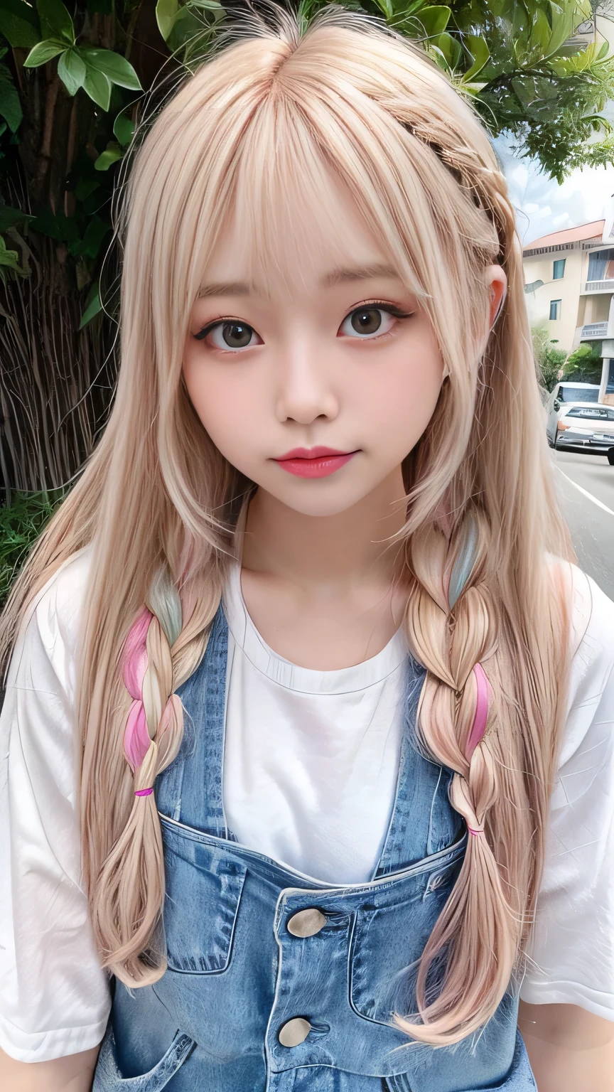 Pale, tanned skin、Sunburn marks on tanned skin、Multicolored Hair、Pink Hair,blonde,Platinum Hair,Brown Hair、A cute 20-year-old girl with a cute look, A strong wind blows my hair in front of my face、beautiful long blonde braided hair、beautiful, Cute eyes hidden by long bangs、Yawn、Double teeth、No visible nasolabial folds、