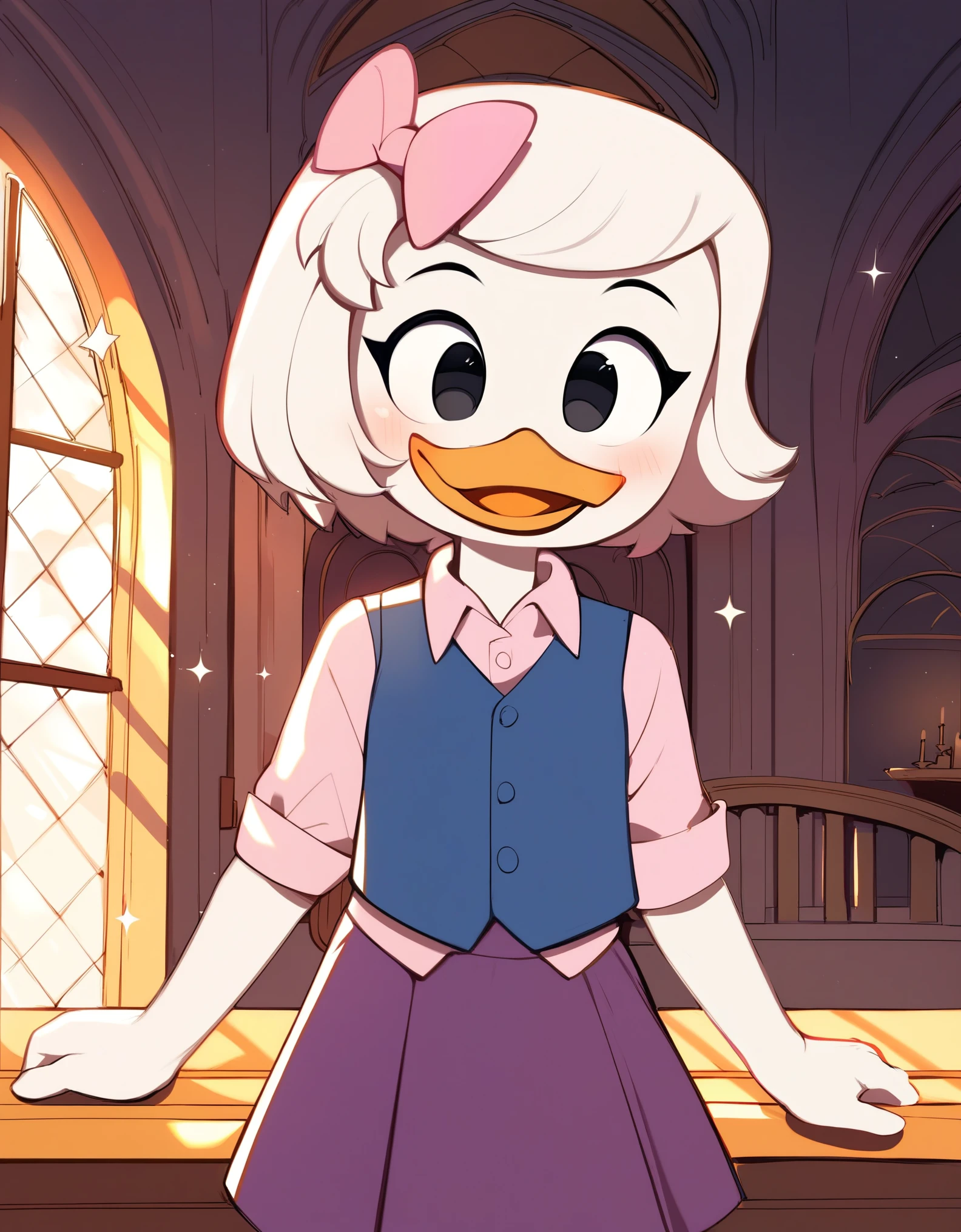 score_9, score_8_up, score_7_up, score_6_up, best quality, highres, source_furry
1girl, female, solo, inside, mansion, duck, beak, webby vanderquack, young, white skin, white hair, short hair, black eyes, black eyes, standing, orange legs, three-quarter portrait, blush, happy, sparkles, blue vest, pink dress shirt, purple skirt, pink hair bow 