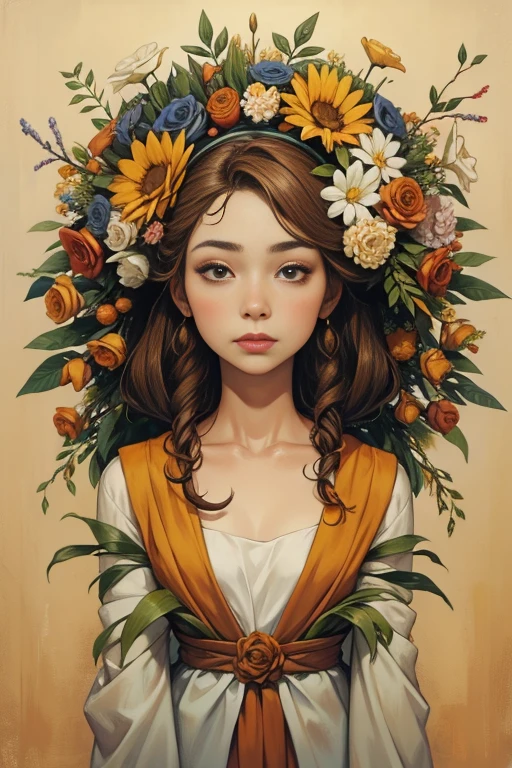 Lady with flowers on her head is an acrylic painting, no estilo de Lucy Glendinning, Tony Diterlizzi, organic and naturalistic compositions, Floral explosions, escolha gigante, laranja claro e marrom, rostos serenos --ar 3:4 -