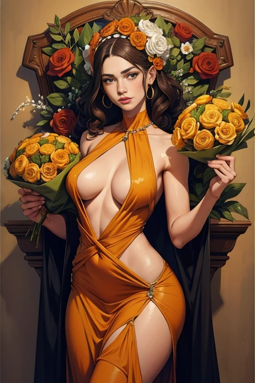 Lady with flowers on her head is an acrylic painting, no estilo de Lucy Glendinning, Tony Diterlizzi, organic and naturalistic compositions, Floral explosions, escolha gigante, laranja claro e marrom, rostos serenos --ar 3:4 -