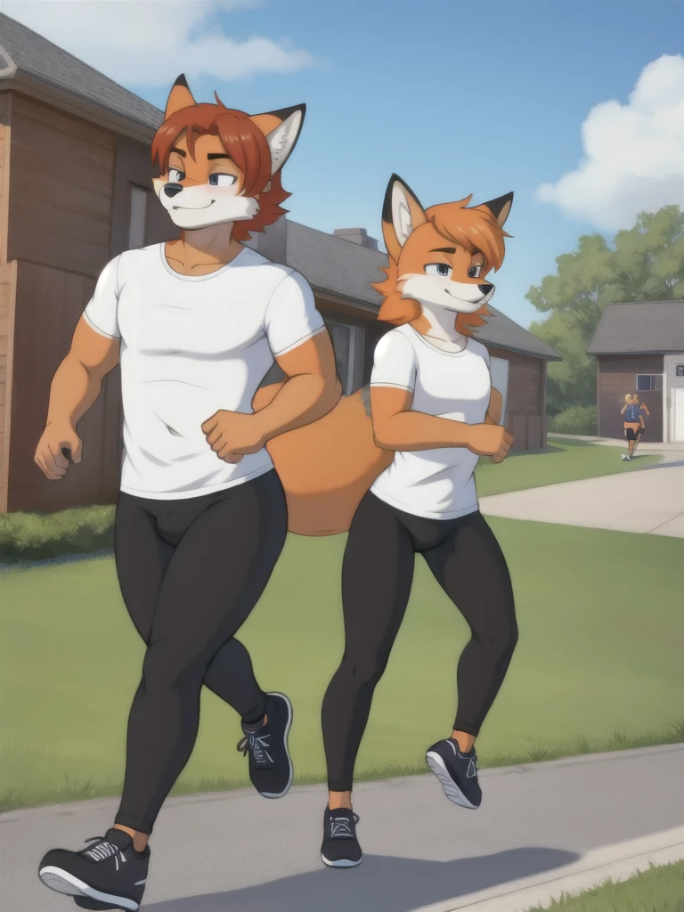 Furry, fox, male, twins, black leggings, white shirt, jogging outside the house, teen