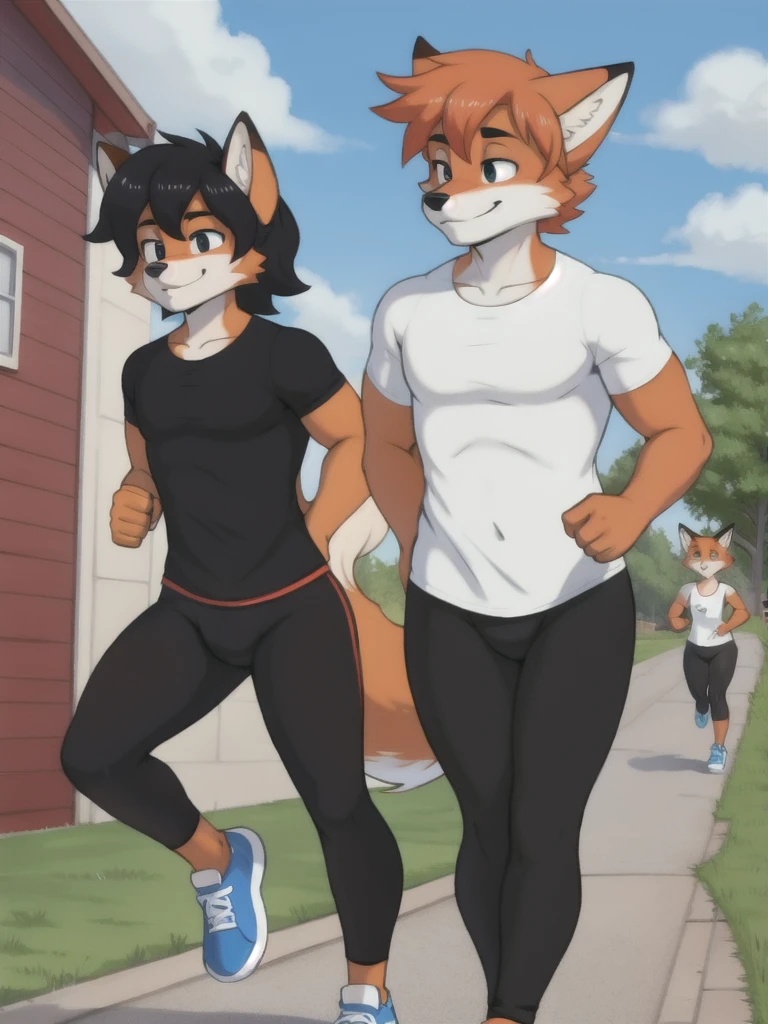 Furry, fox, male, twins, black leggings, white shirt, jogging outside the house, teen