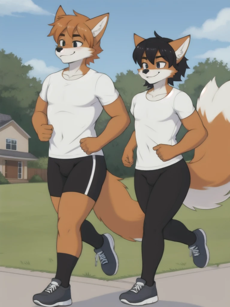Furry, fox, male, twins, black leggings, white shirt, jogging outside the house,