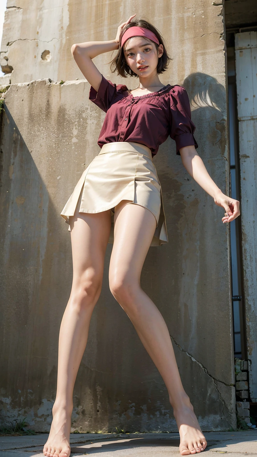 highest quality, masterpiece, Ultra-high resolution,16k,(((Face Focus))) (Realistic:1.6),((Portrait of a smiling person with their mouth wide open)) ,((Beautiful feet,Back view,)), ((Slender body)),RAW Photos, 1 girl, 22 years old,((Blouse and tight skirt)),((Short hair with a headband)),,((From below:1.4)),((Smiling with teeth showing)),