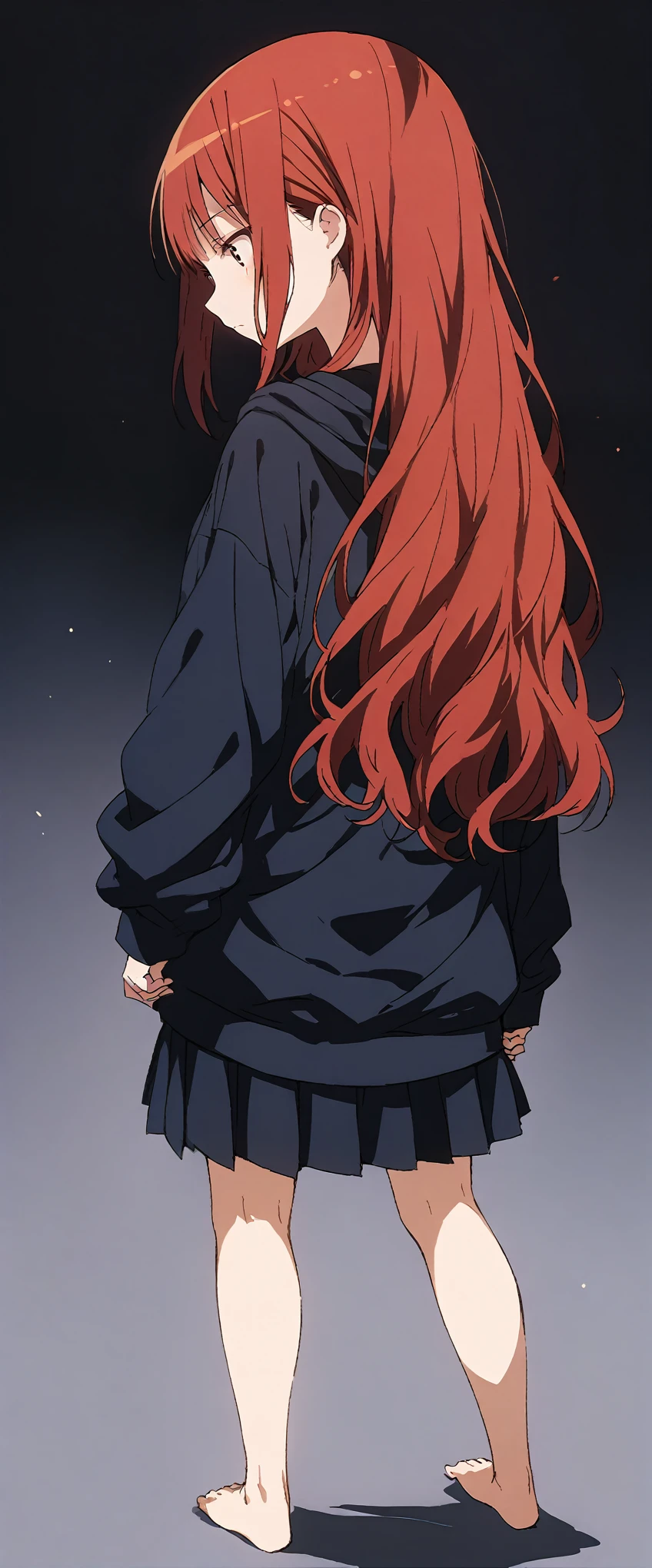 Solid white background、white background、Blank background、Ultra-high resolution, highest quality,Solo,just standing girl, One young girl、Back view、Back view、Look straight back、Mid-length hair、red hair、Fold your hands in front of you、plain black hoodie、Black pleated skirt、barefoot