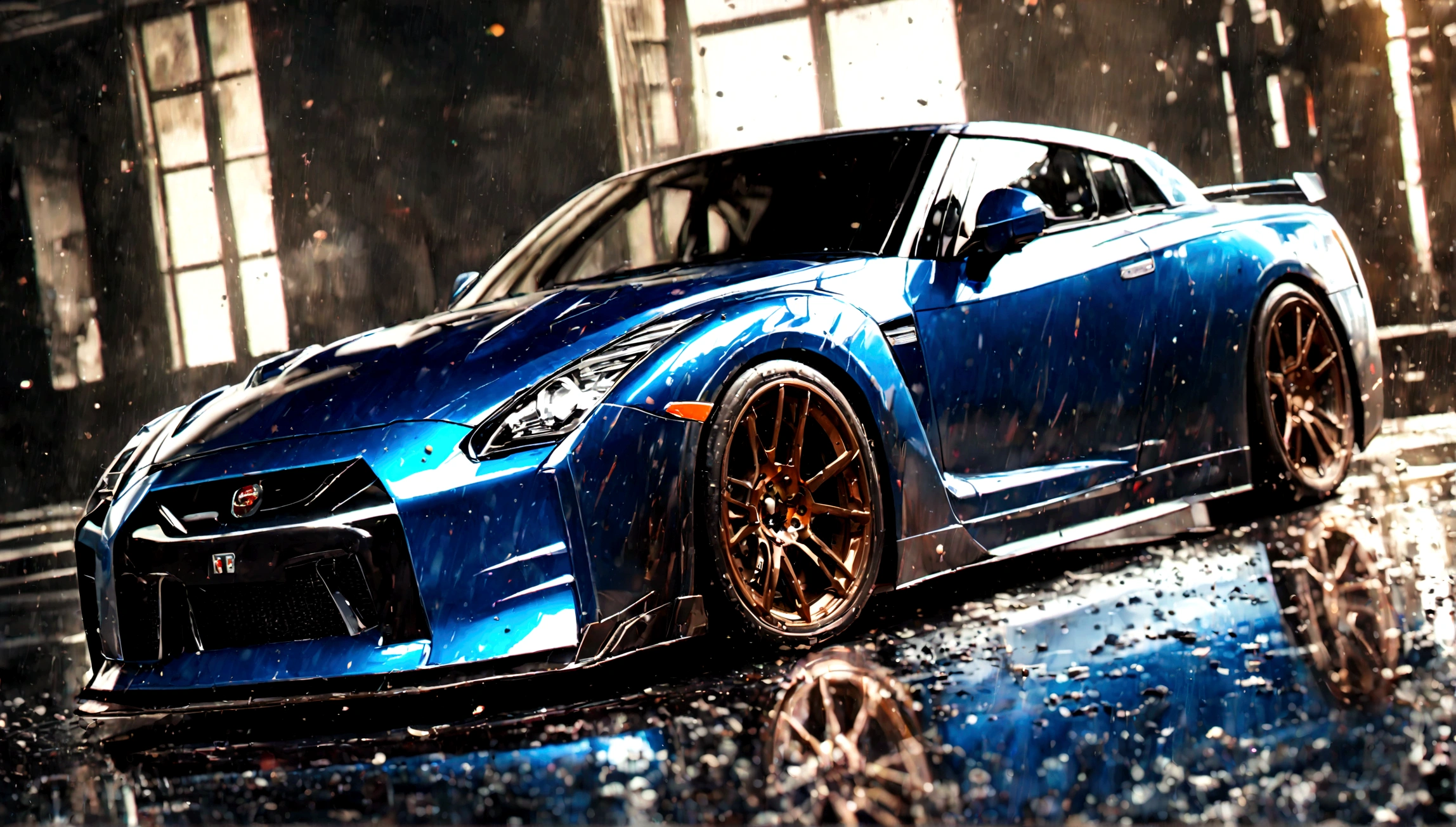 a highly detailed, realistic nissan gtr car, ultra-detailed, 8k, photorealistic, professional, intricate details, glossy paint, metallic reflections, dynamic motion blur, cinematic lighting, dramatic shadows, vibrant colors, glossy and shiny finish