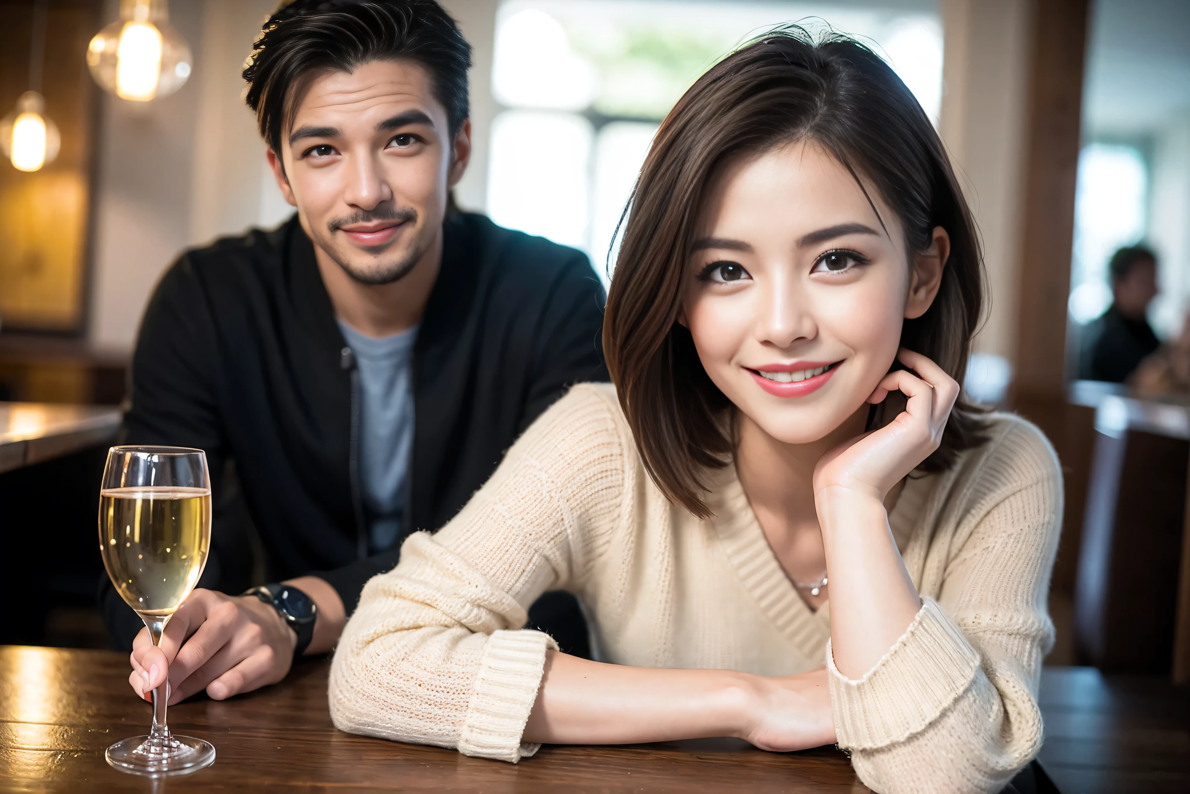 ((highest quality、8k、masterpiece:1.3))、Ryoko Yonekura lookalike beauty、1 male1 female、Couple、Spouse、half、The body is slim, (Realistic, Intricate details:1.2), Wine glass on the table、Shine light on your face、 Amazing view of the sunset sky and clouds、A bright smile、The wonderfulness of smile、Beautiful Face, blue eyes, The light shines on your face, Blushing, short hair,Bright Face、 (Age 45), 39 years old, red wine 、Appetizers、Italian food、Wine bottle、Champagne、sparkling wine、Two beauties、Brown Hair、Shortcuts、Long sleeve shirt、dress、Pretty Woman 1, (Slim face), (The body is slim), (Brown Hair), (Shortcuts), cheeks turn a little red,Attractive beauty、restaurant, In a prominent place (From the waist up) Nova Frog Style, actress, model, Upper Body, White wine, slim, wine glass, A wine glass placed in the center, smile, (smile: 1.15), Beautiful fine grain, Depth f/2,saturation, High Contrast, Strong light and shadow,Moist Body:1.5、3D texture、Delicate eyes、Brown Hair、The hair is very shiny、